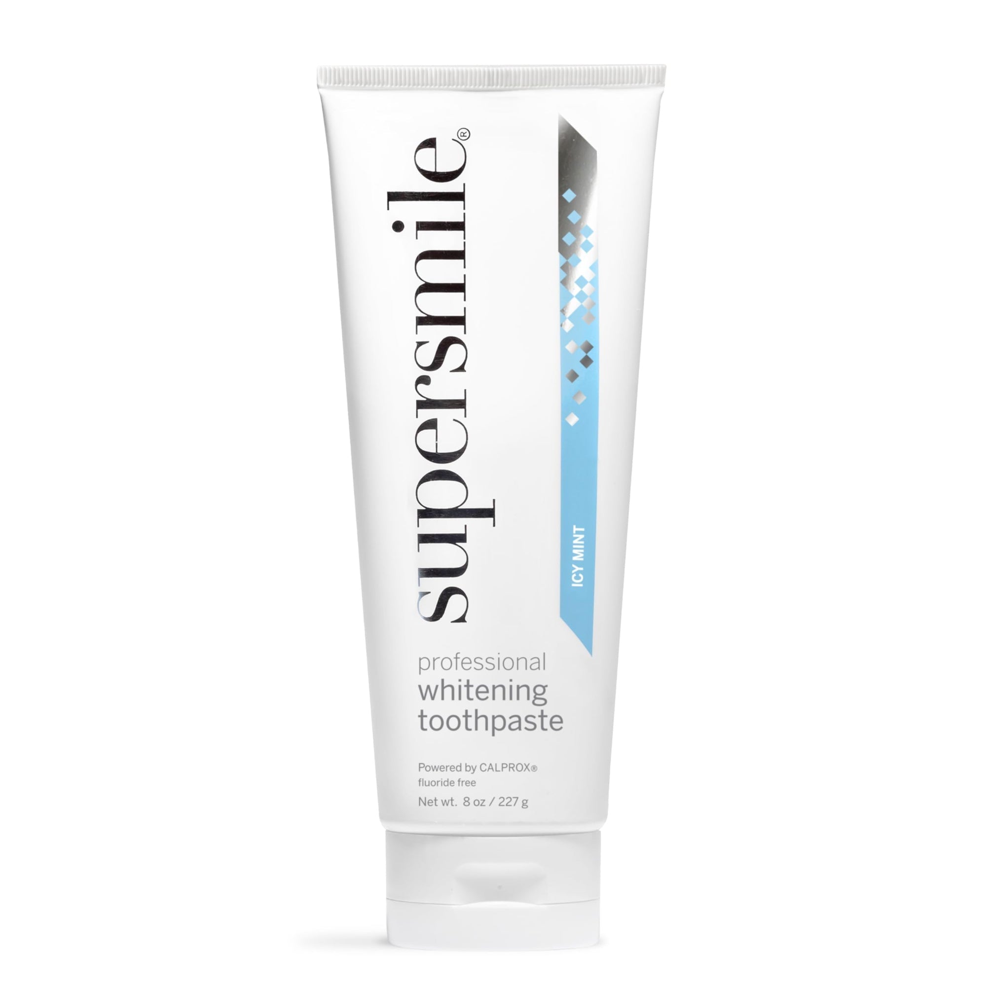 Supersmile ICY Mint Whitening Toothpaste, fluoride-free, 8 oz tube, showing fresh mint flavor and clean packaging.