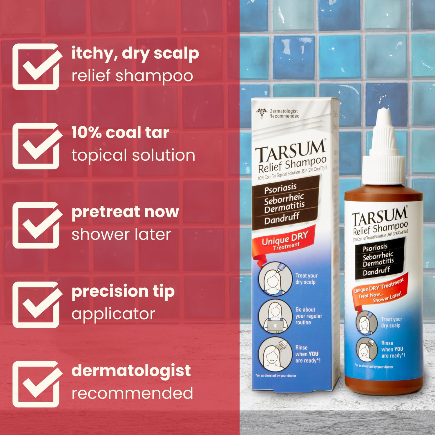 Tarsum Coal Tar Shampoo for scalp psoriasis, 8 oz bottle, featuring clear label and dark bottle design.