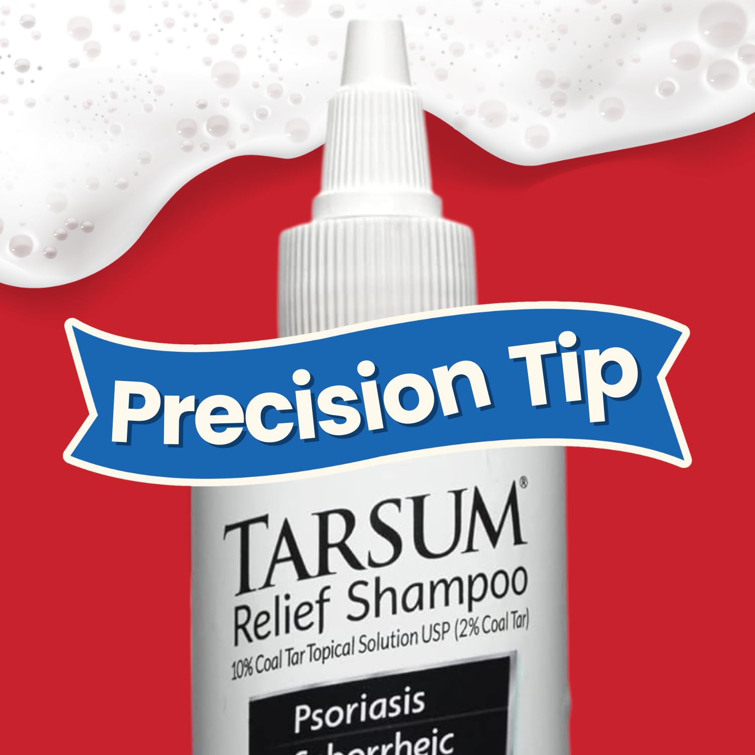 Tarsum Coal Tar Shampoo for Scalp Psoriasis, 8 oz, in a white bottle with a flip-top cap, designed for scalp skin care.