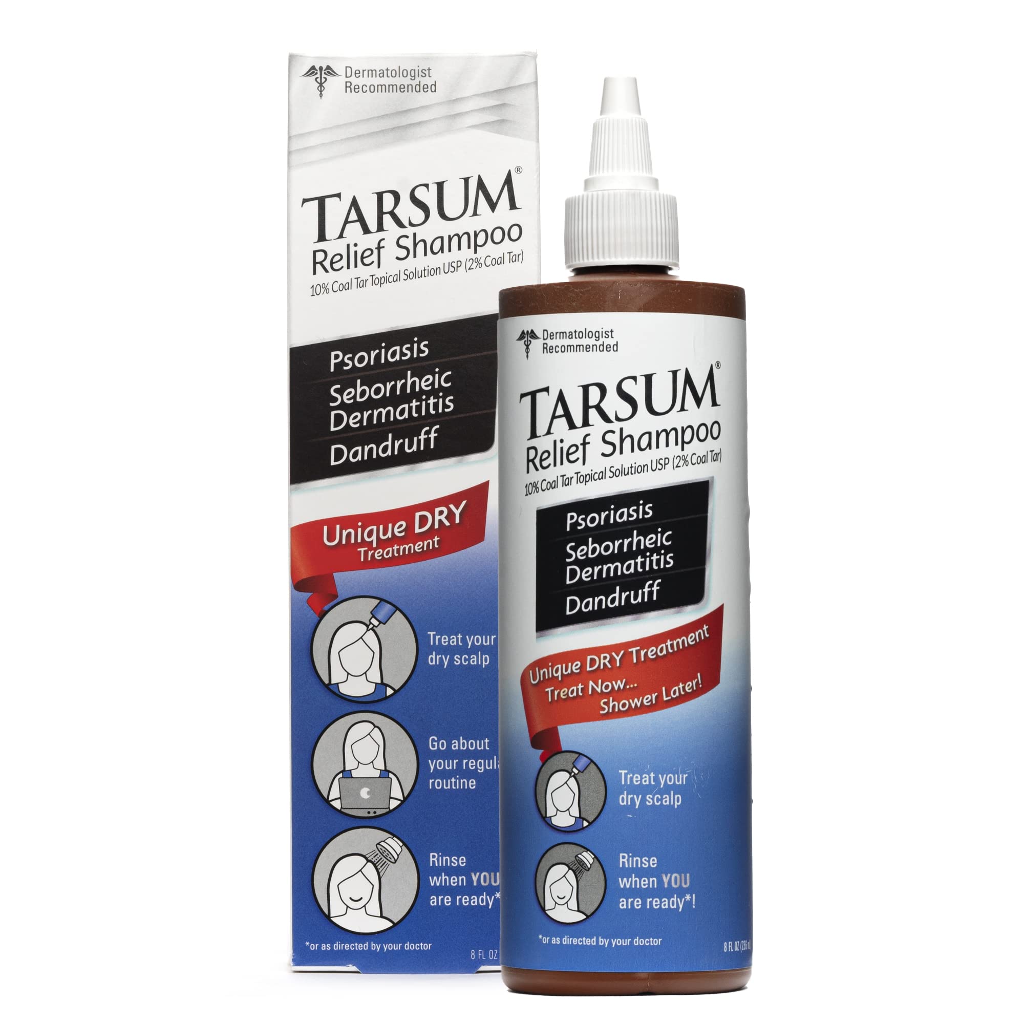 Tarsum Coal Tar Shampoo for Scalp Psoriasis, 8 oz bottle, natural remedy for scalp irritation and psoriasis relief.