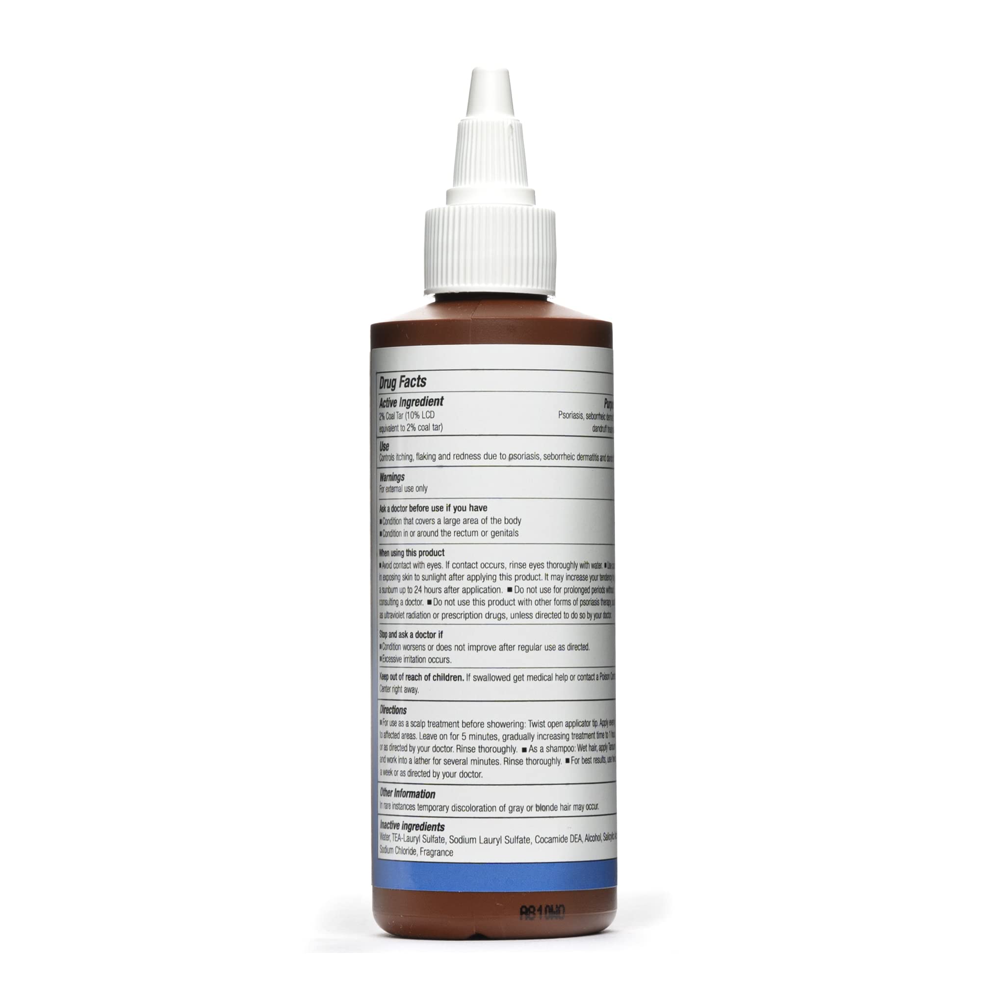 Tarsum Coal Tar Shampoo for scalp psoriasis in 8 oz bottle, natural treatment for scalp irritation and itching, Tarsum brand.