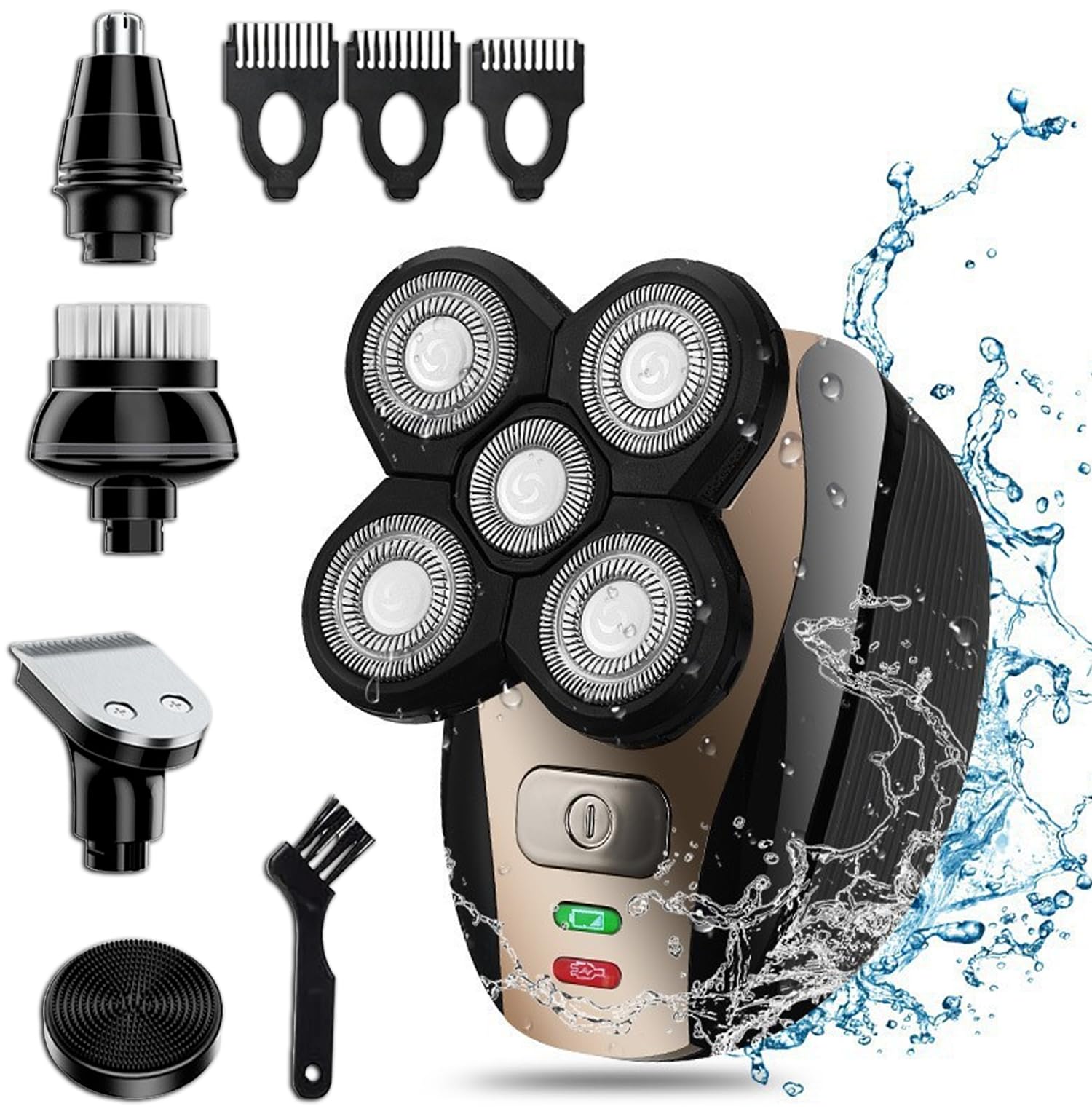 The Perfect Part 5-in-1 rotary electric head shaver with multiple attachments for grooming and shaving.
