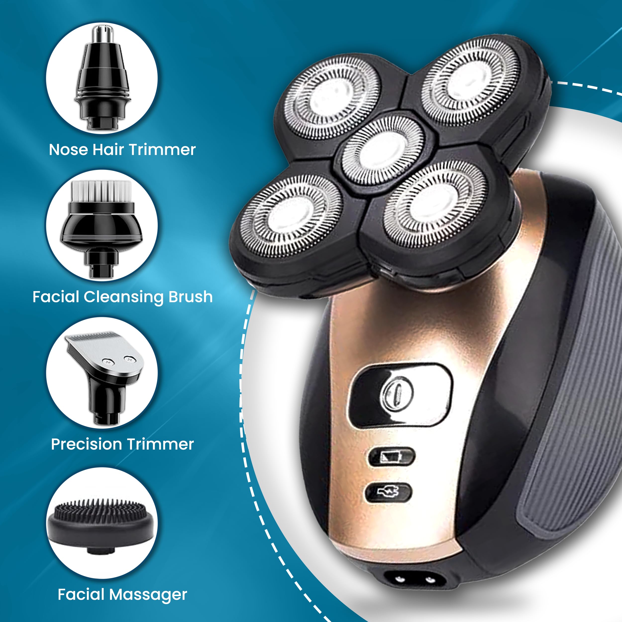 The Perfect Part 5-in-1 rotary electric head shaver with multiple attachments and a sleek design for versatile grooming.