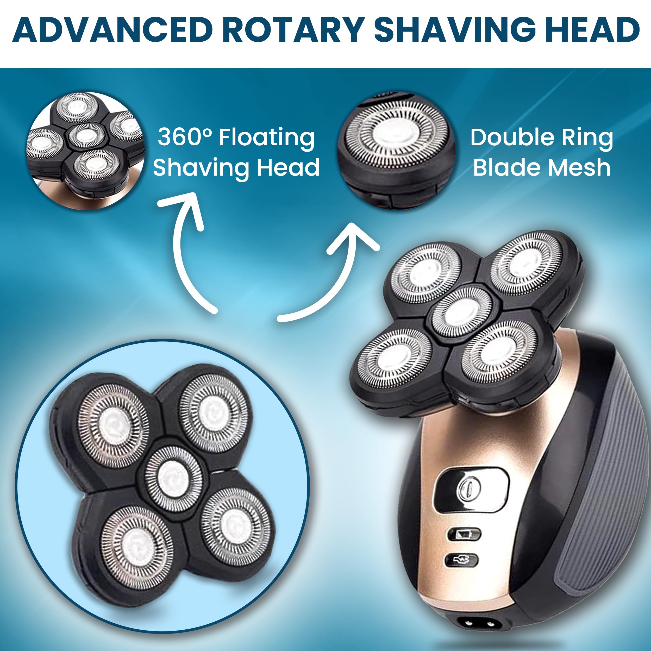 The Perfect Part 5-in-1 rotary electric head shaver with multiple attachments for grooming and trimming.