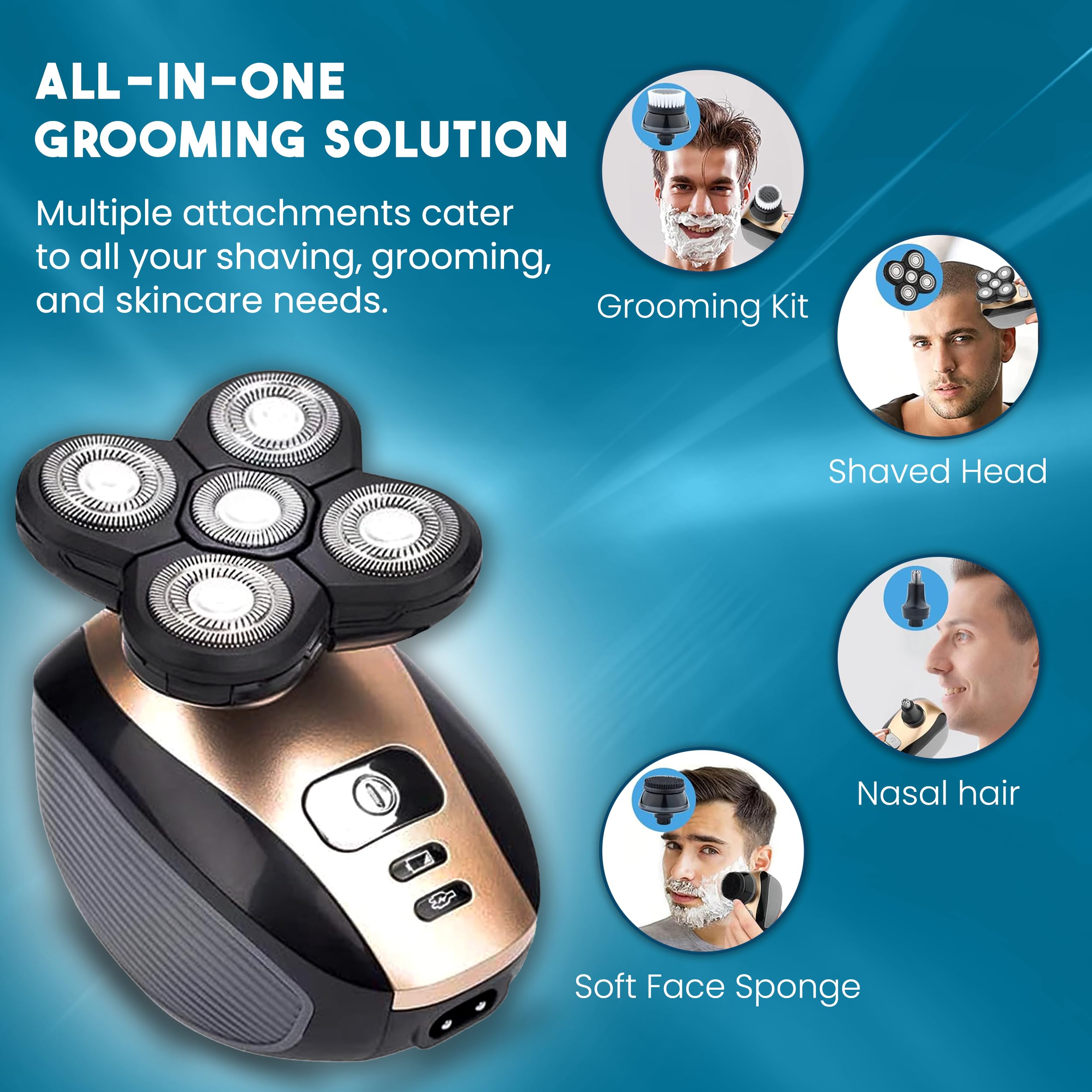 The Perfect Part 5-in-1 rotary electric head shaver with multiple attachments for a close, versatile shave.