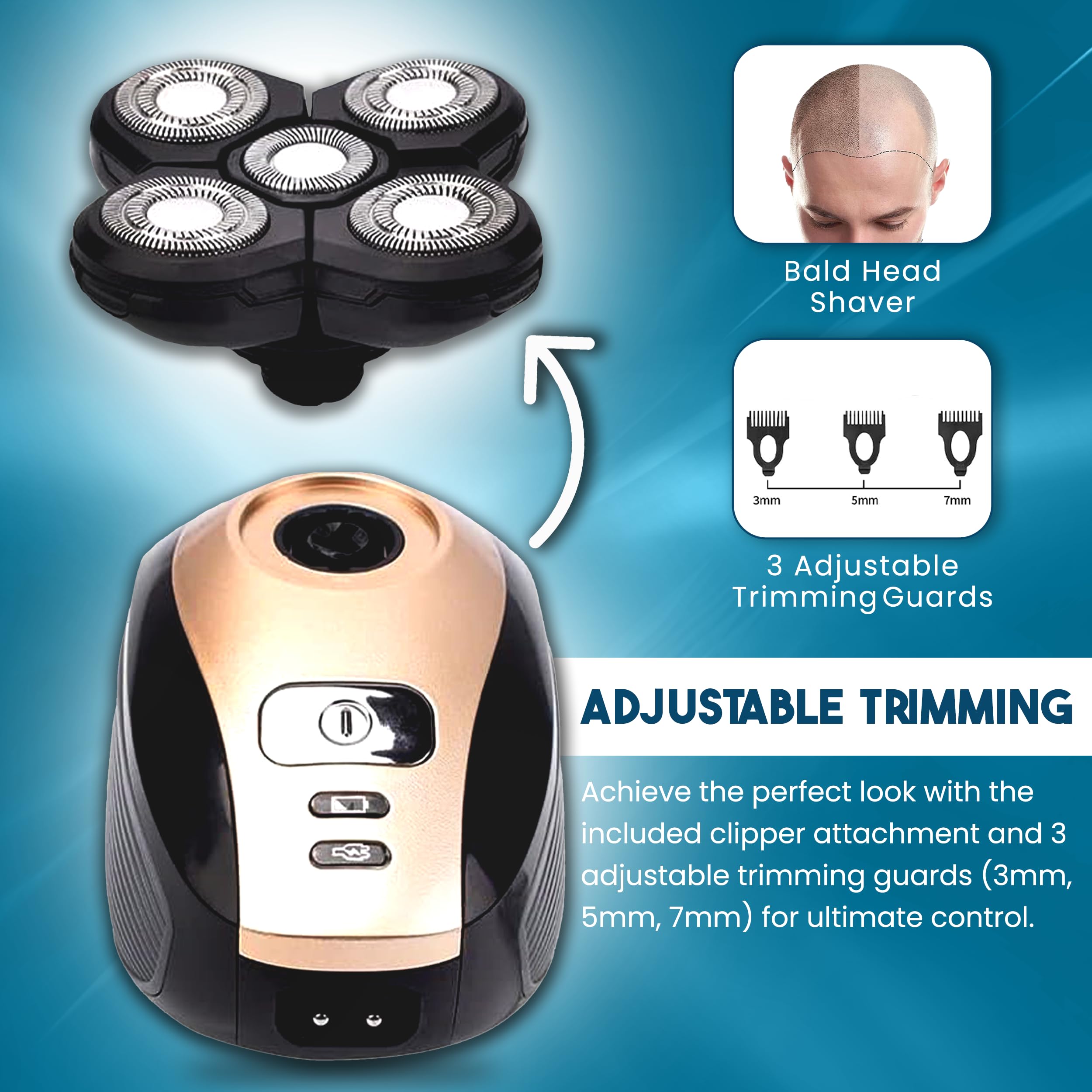 The Perfect Part 5-in-1 Rotary Electric Head Shaver showing its multiple rotary shaving heads and ergonomic design.
