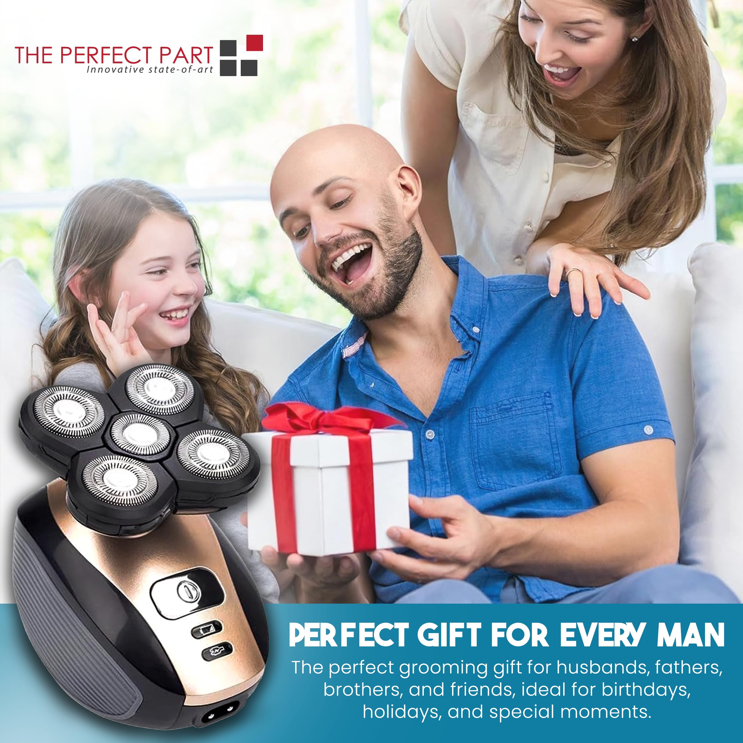 THE PERFECT PART 5-in-1 rotary electric head shaver with multiple attachments and a sleek design for versatile grooming.