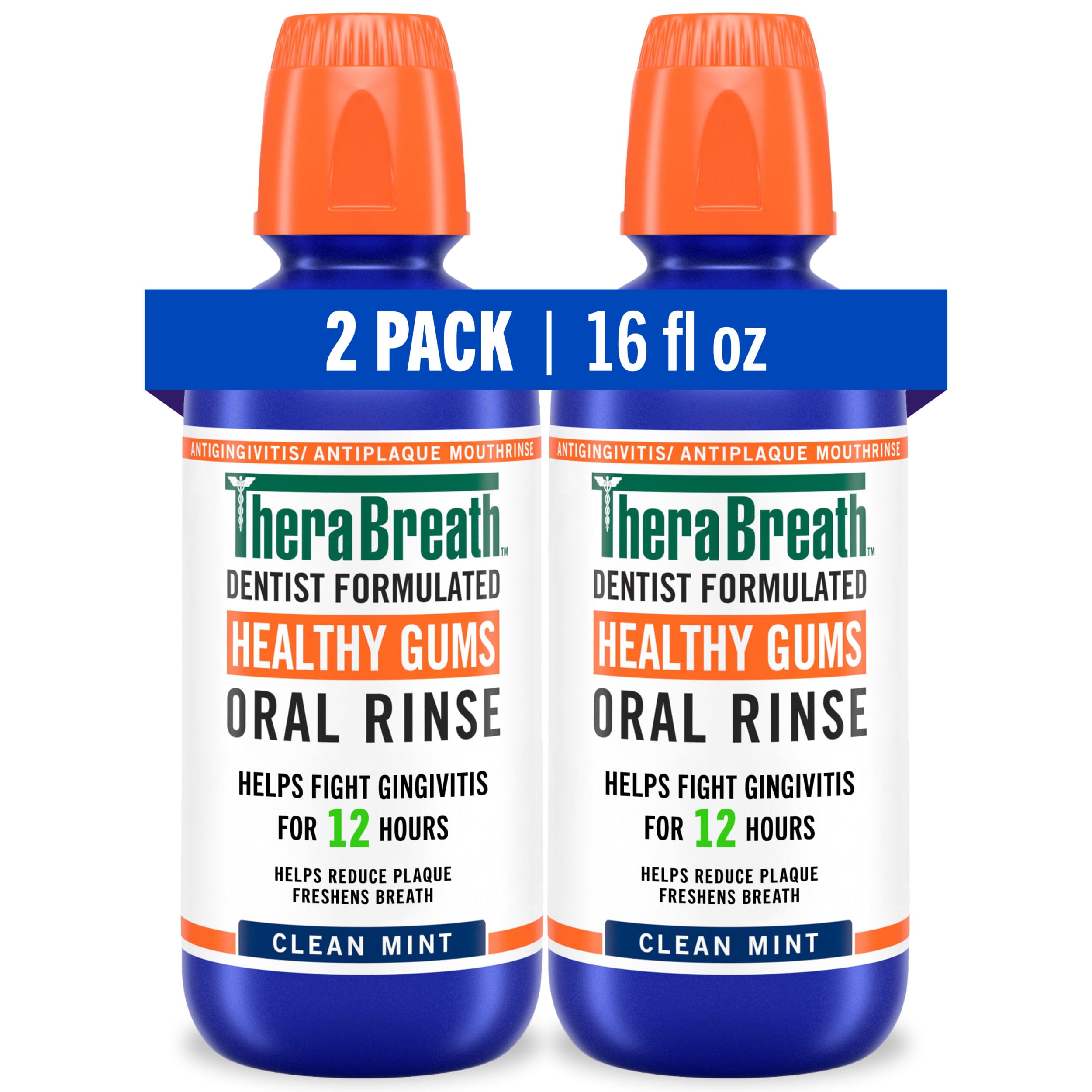 TheraBreath Healthy Gums Oral Rinse 2-pack, 16oz bottles of mouthwash for gum health and fresh breath.