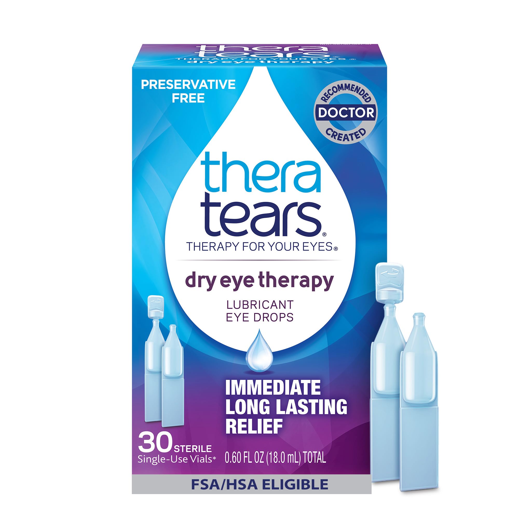 TheraTears Dry Eye Therapy medication with 30 preservative-free vials for relief of dry, irritated eyes.
