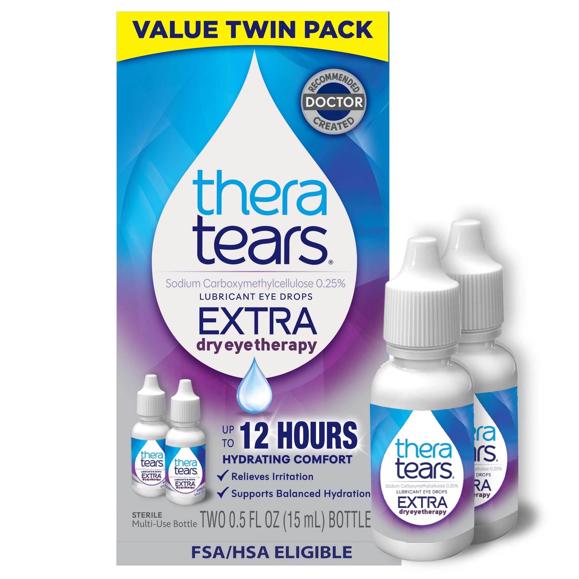 TheraTears Extra Dry Eye Drops medication bottle, 0.5 fl oz for 12-hour relief of dry, irritated eyes.