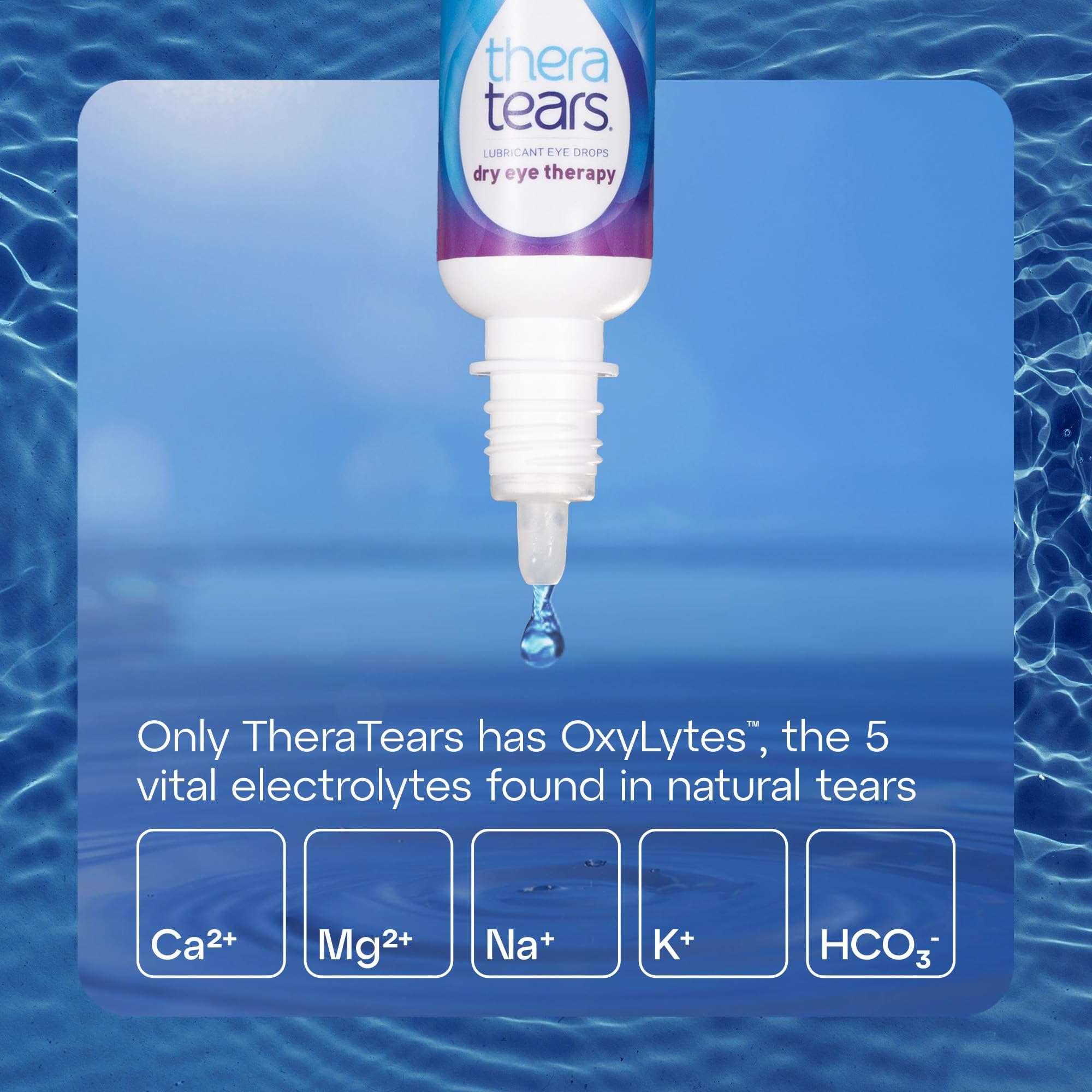 TheraTears Extra Dry Eye Drops medication bottle with 0.5 fl oz label, providing 12-hour relief for dry, irritated eyes.