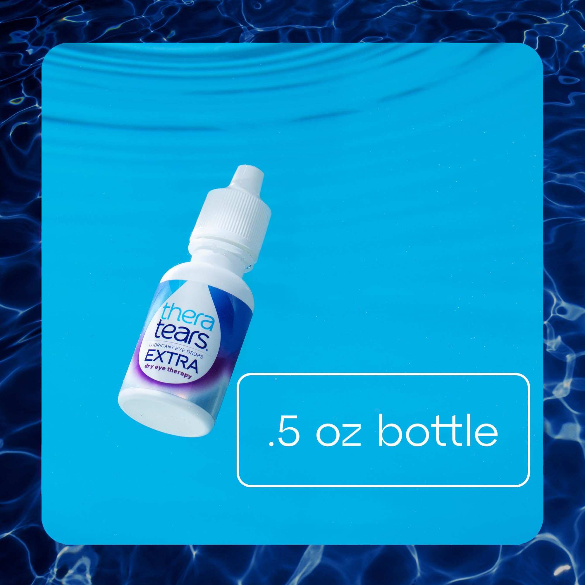 TheraTears Extra Dry Eye Drops medication bottle showing 0.5 fl oz size for 12-hour eye relief in a clear dropper bottle