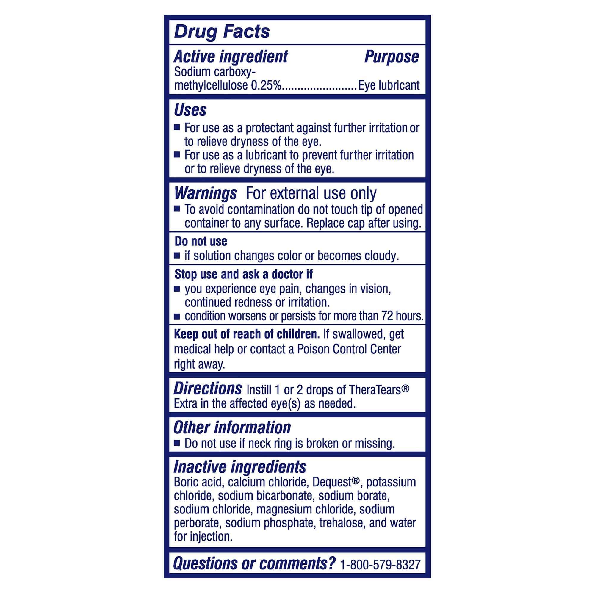 TheraTears EXTRA Dry Eye Drops medication bottle, 0.5 fl oz, providing 12-hour relief for dry, irritated eyes.