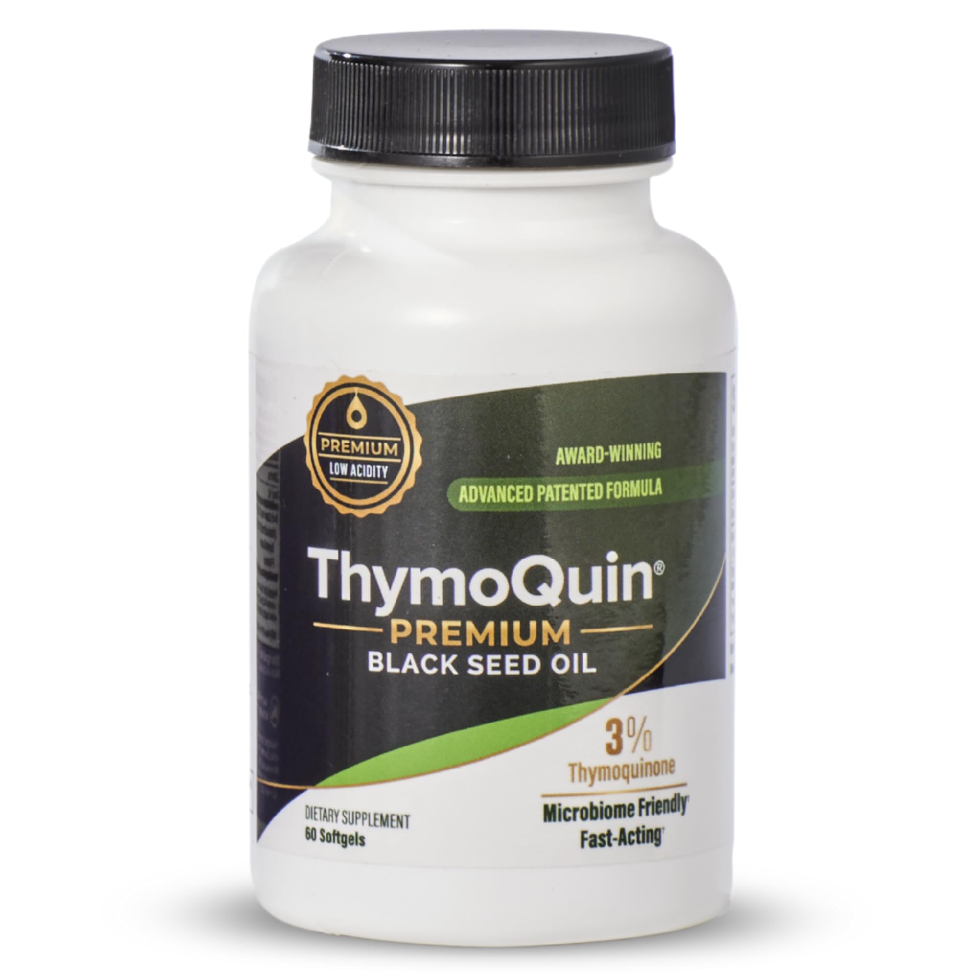 ThymoQuin Black Seed Oil Capsules 500mg, 60 softgels, a nutritional supplement with black seed oil for health support.