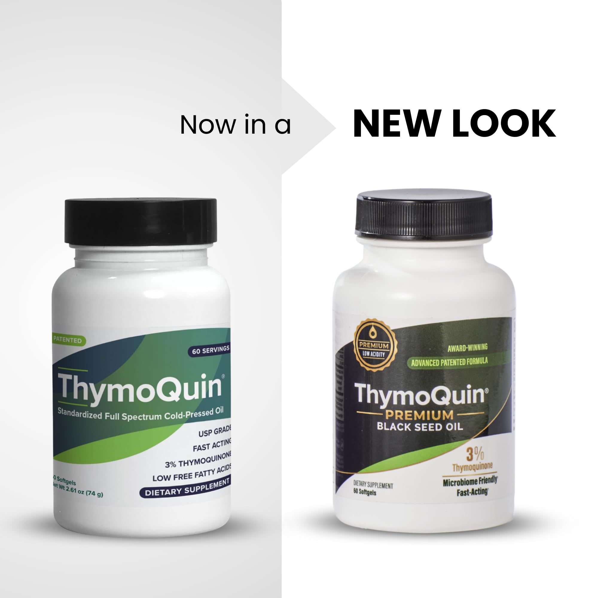 ThymoQuin Black Seed Oil Capsules 500mg, 60 softgels, dietary supplement with black seed oil for health support.