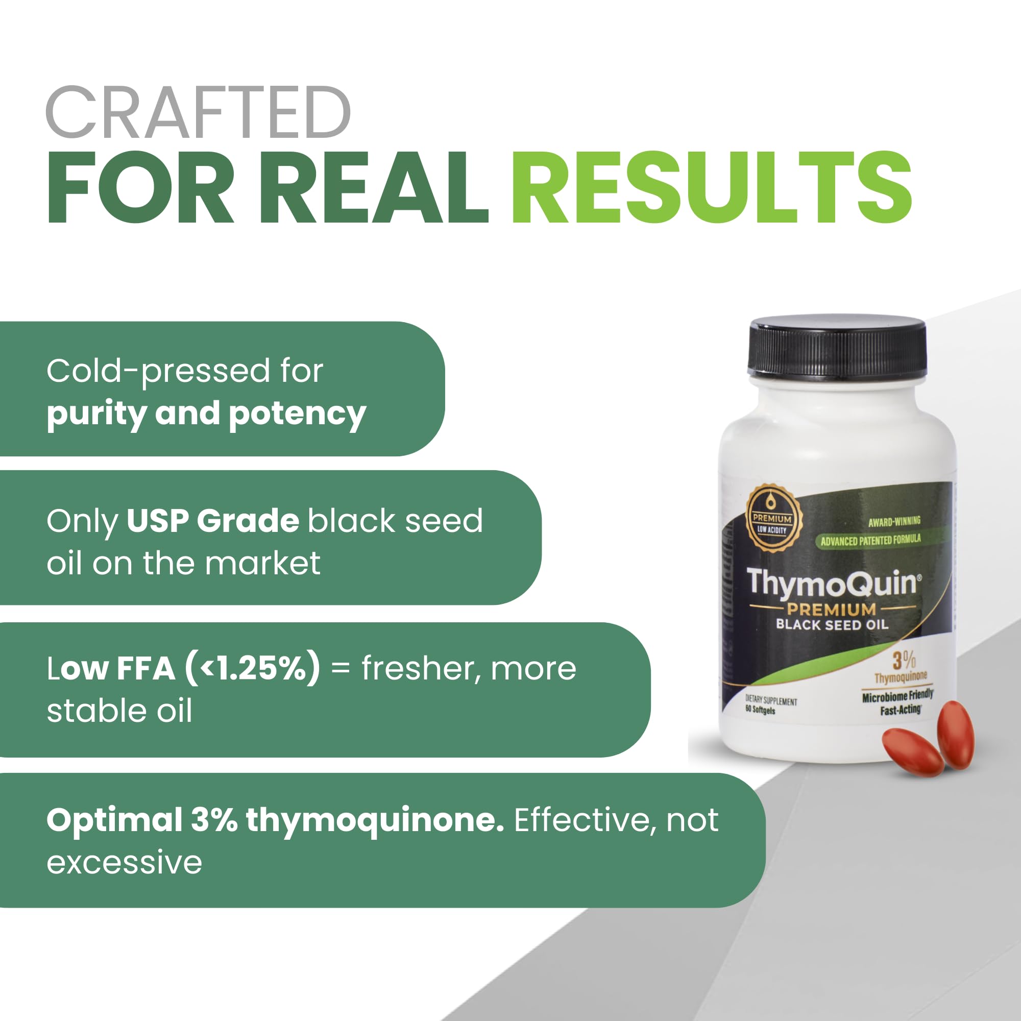 ThymoQuin Black Seed Oil Capsules 500mg, 60 softgels, nutritional supplement with black seed oil for health support.