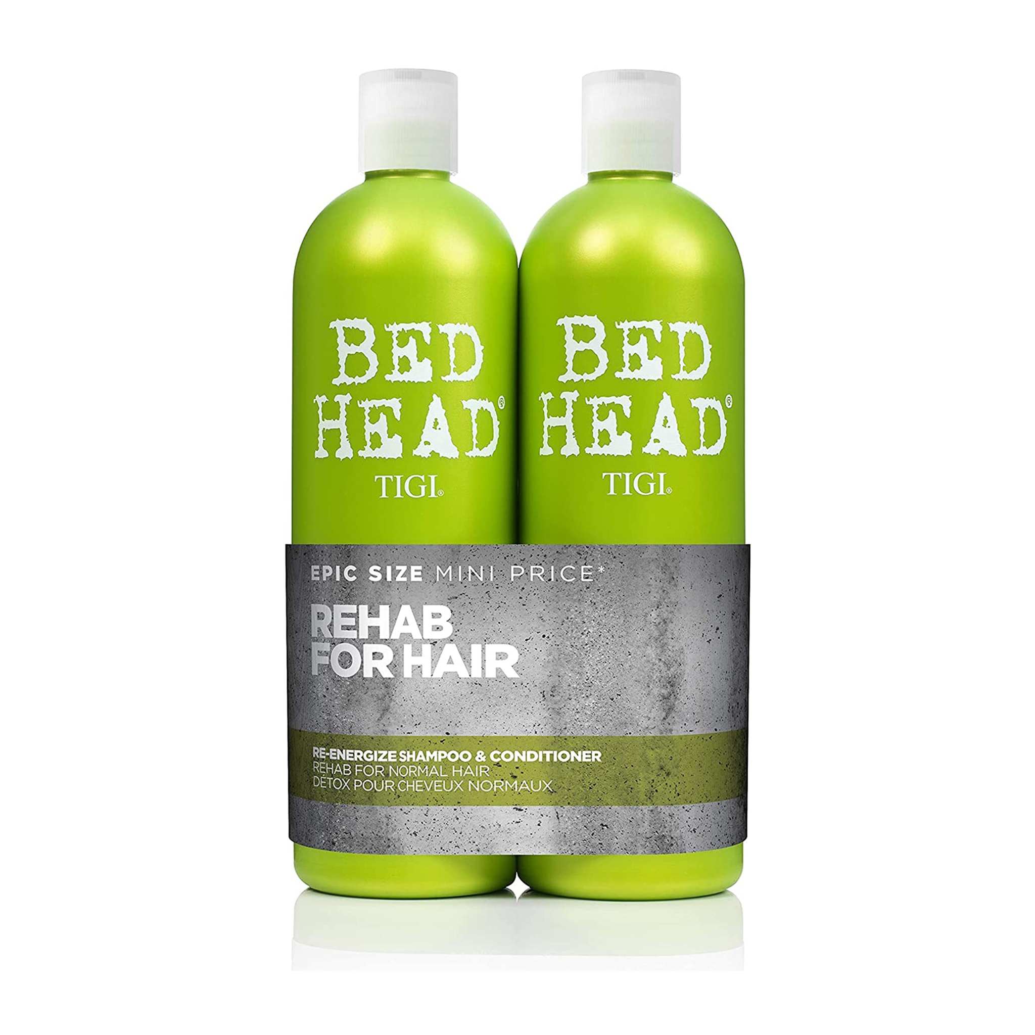 TIGI Bed Head Re-Energize Shampoo and Conditioner set for revitalized, healthy hair, shown in the product image.