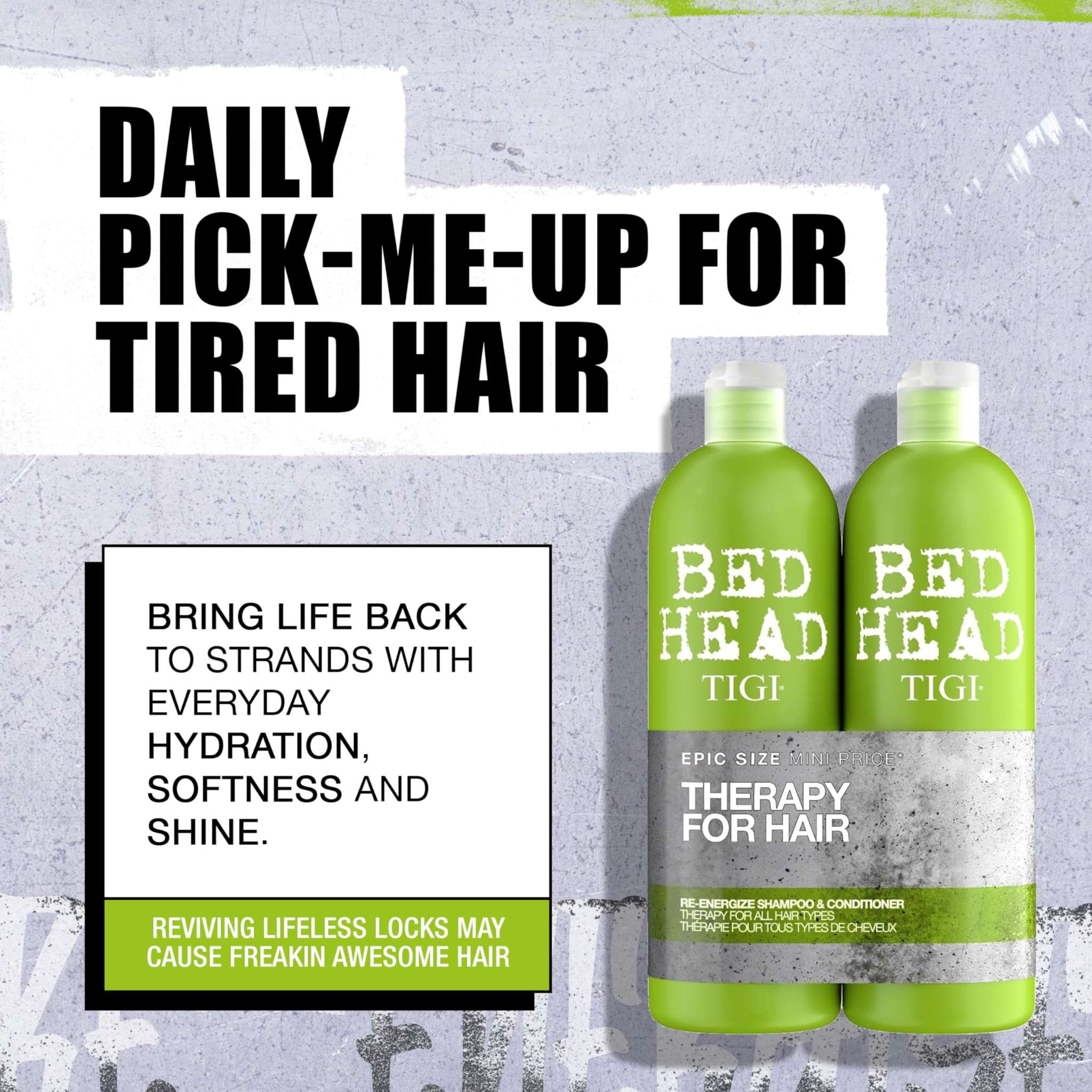 TIGI Bed Head Re-Energize shampoo and conditioner set for revitalizing hair, shown in the image with bottles labeled for hair care.