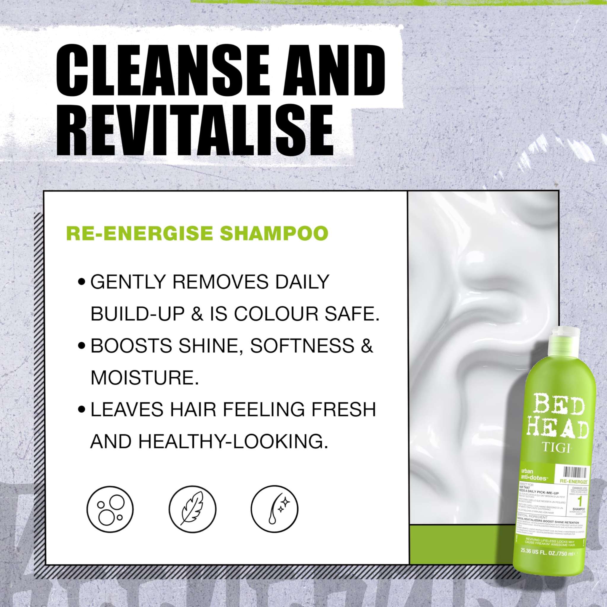 Bed Head by TIGI Re-Energize shampoo and conditioner set for revitalizing hair, shown in the image with bottles of hair cleaner and conditioner.