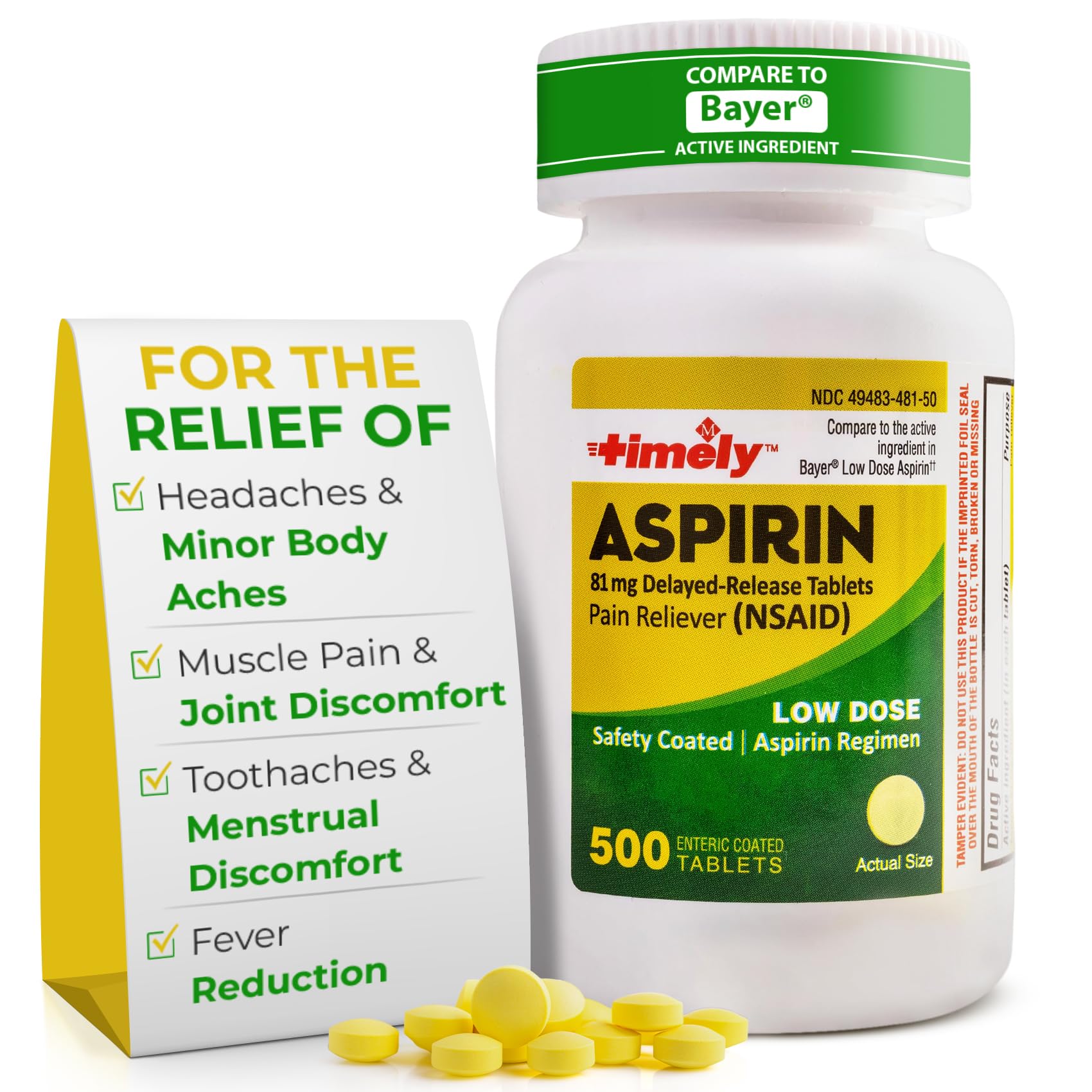 Bottle of TIME-CAP LABS Aspirin 81mg enteric-coated medication, 500 tablets for cardiovascular health.