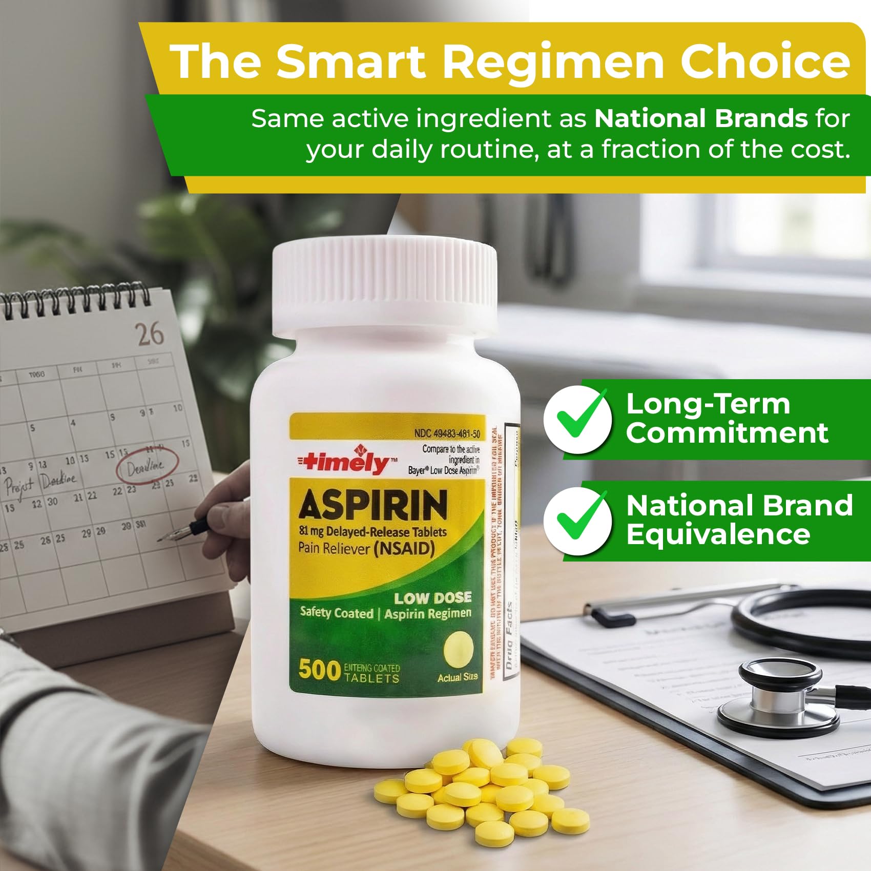 Bottle of TIME-CAP LABS Aspirin 81mg enteric-coated medication in a white bottle with a label, 500-count bottle for heart health.
