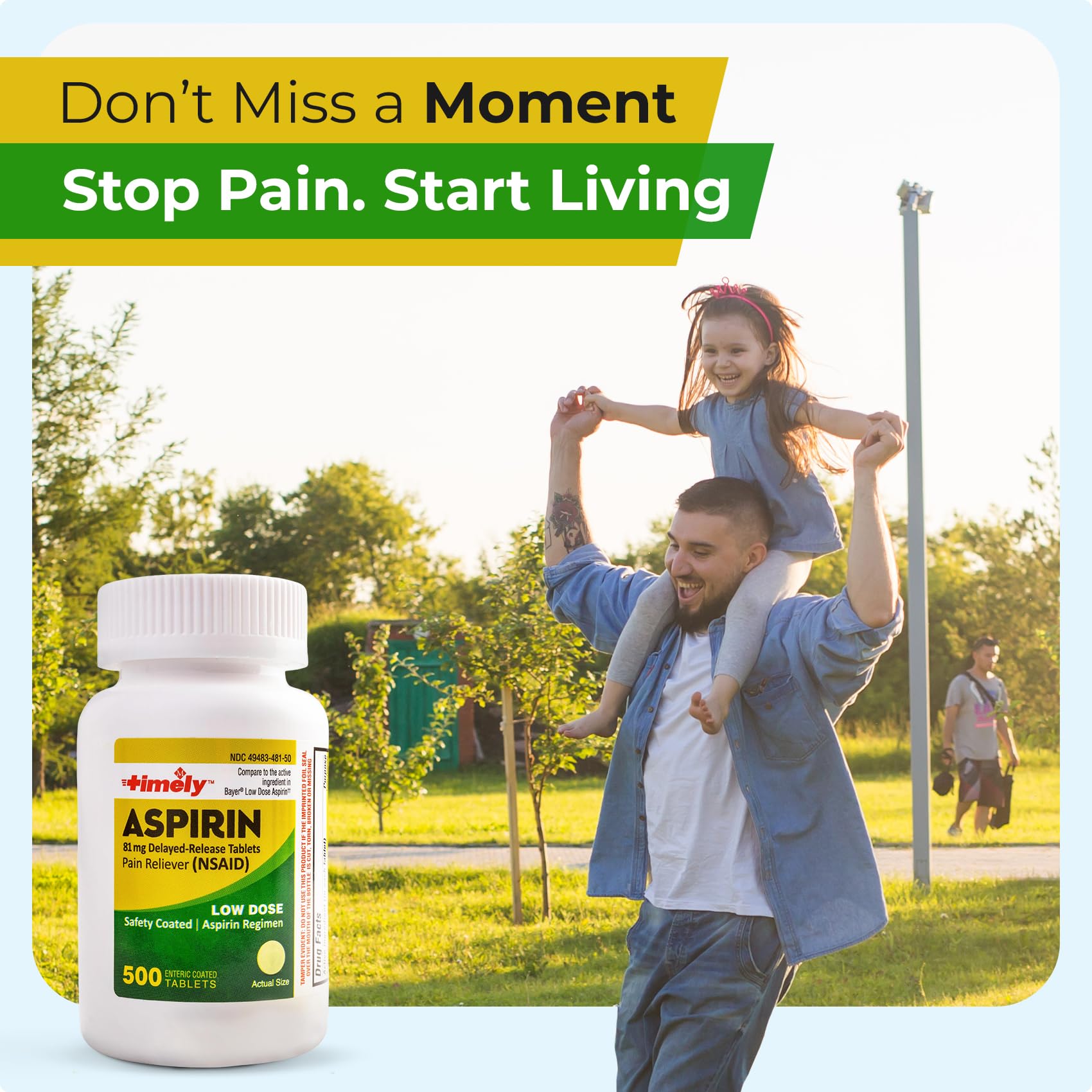 Bottle of TIME-CAP LABS Aspirin 81mg enteric-coated medication capsules, 500 count, shown in clear container.