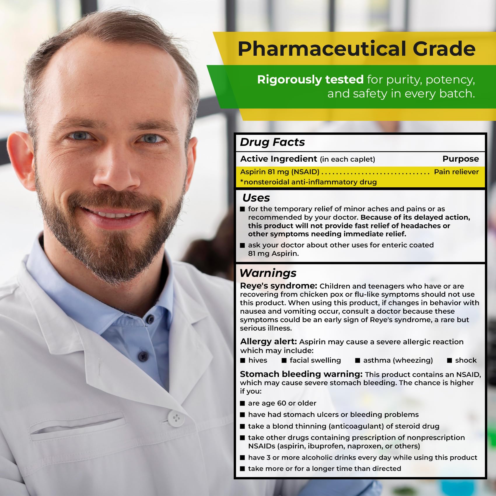 Time-Cap Labs Aspirin 81mg enteric-coated medication bottle with 500 tablets on a plain background.