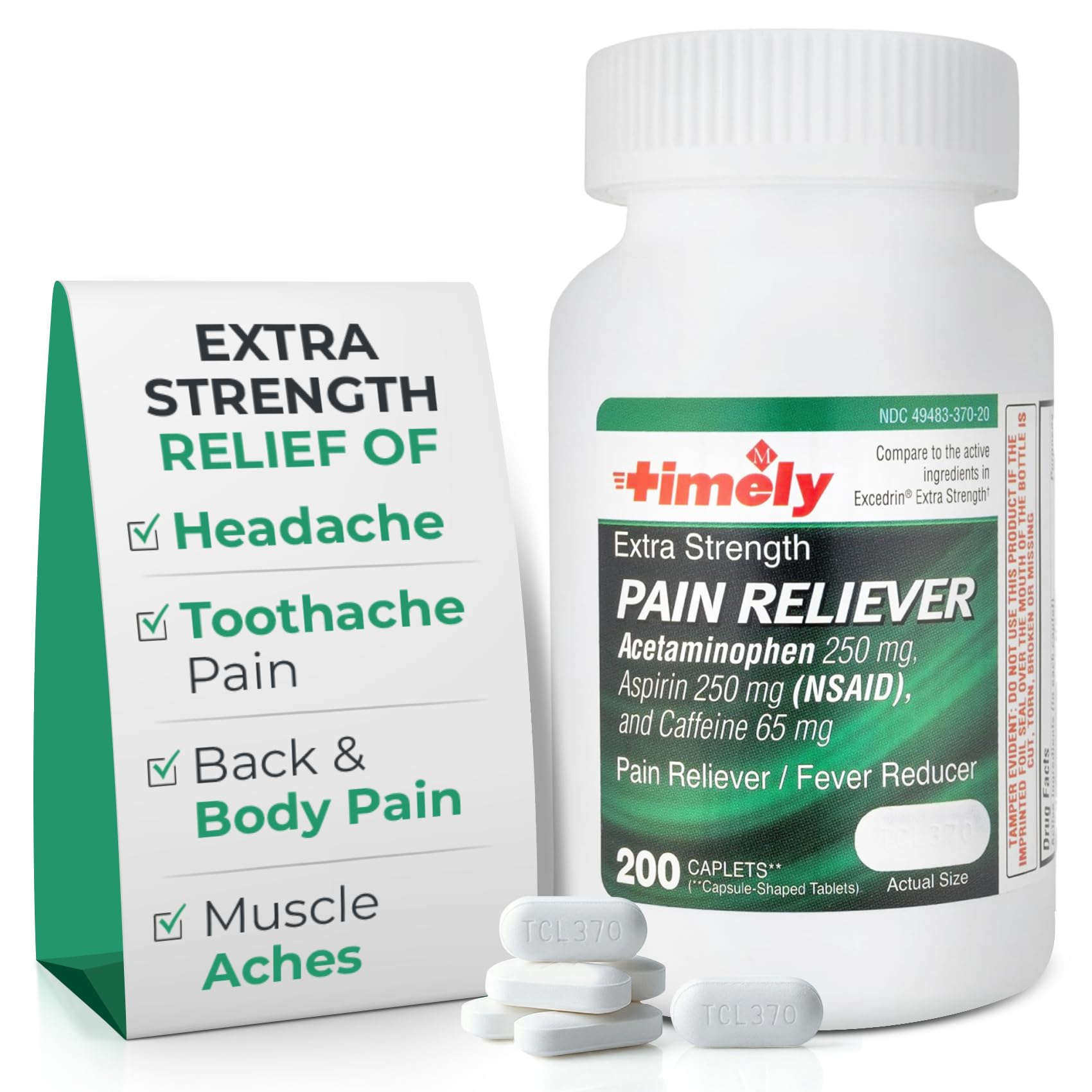 Time-Cap Labs Extra Strength Pain Reliever medication bottle with 200 capsules, showing the label and bottle cap.