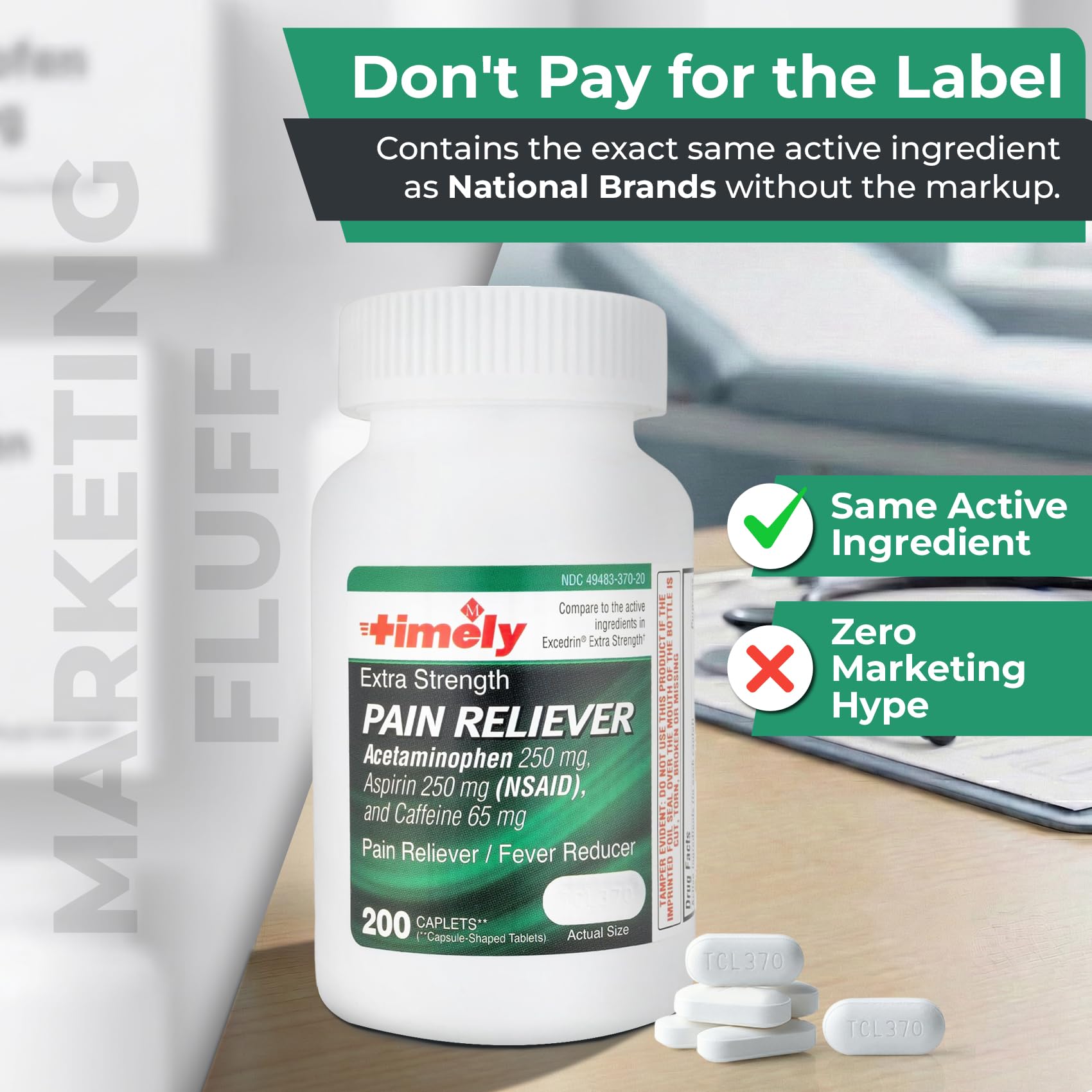 Bottle of TIME-Cap Labs Extra Strength Pain Reliever medication, 200 count, showing the label and cap on a white background.