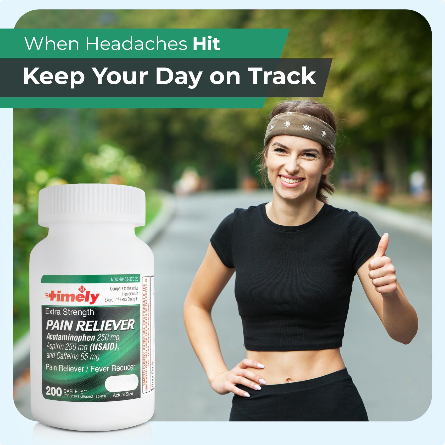 Bottle of TIME-Cap Labs Extra Strength Pain Reliever medication with 200 capsules in a clear container.