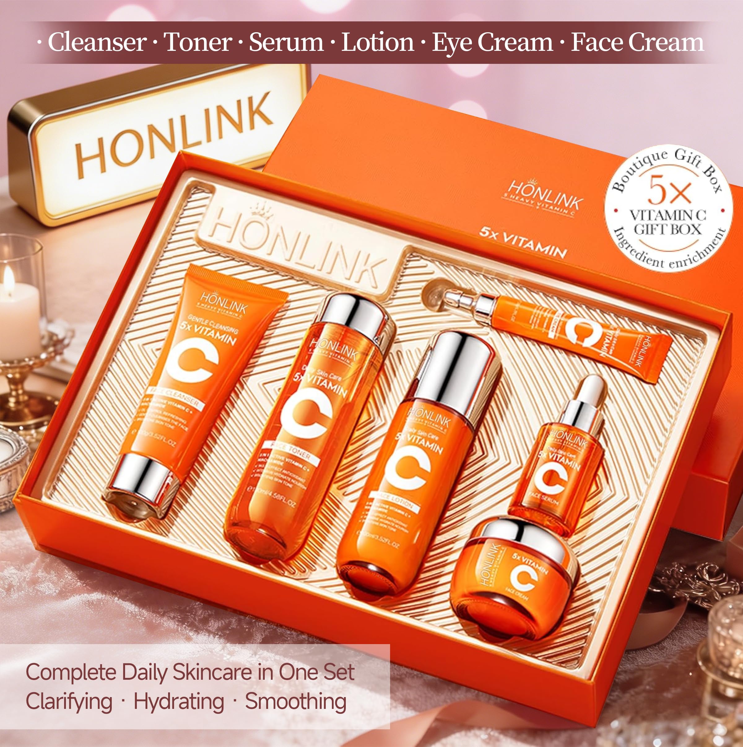 UZTUZT Vitamin C and Niacinamide skincare gift set with six skincare products, displayed in a sleek, organized arrangement.