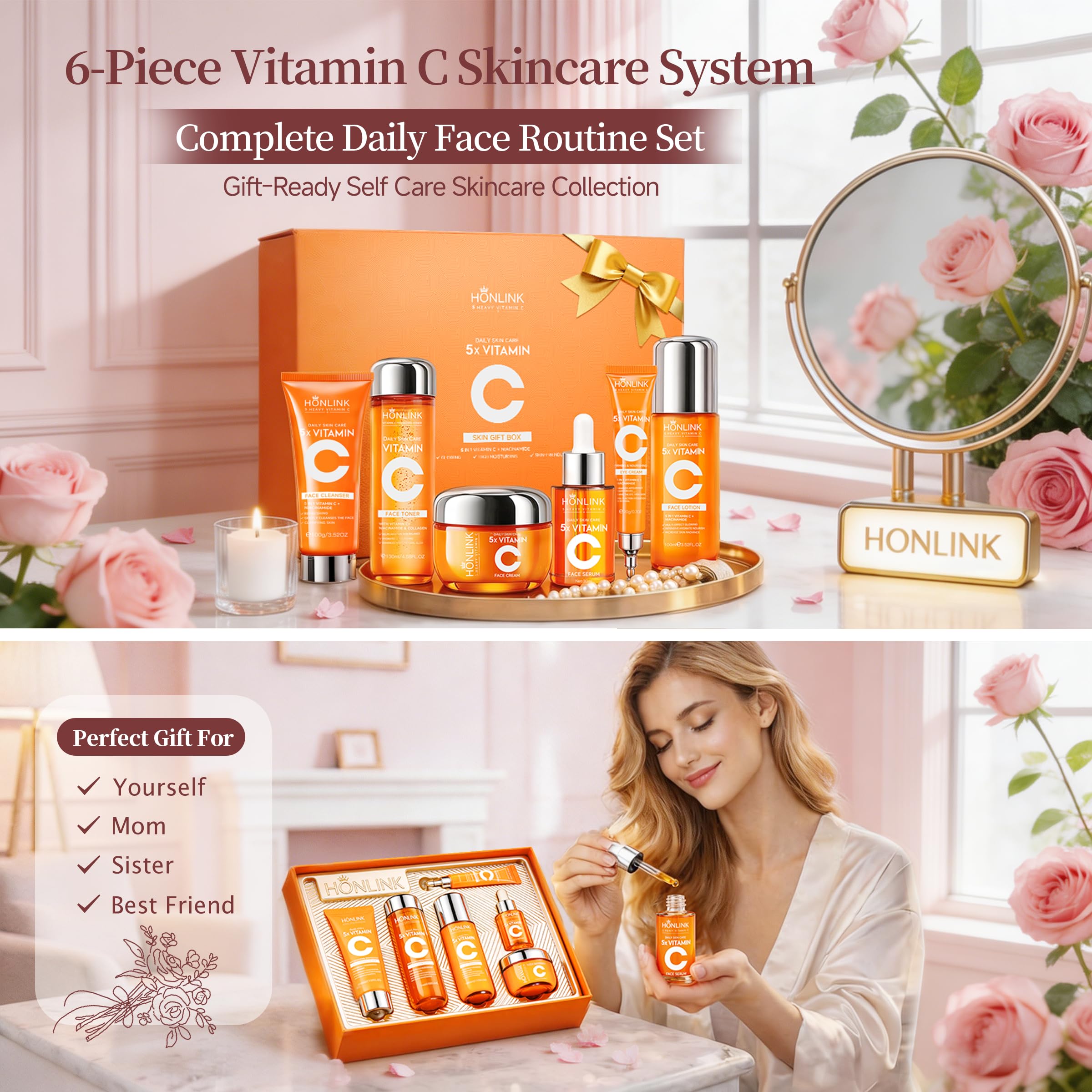 UZTUZT Vitamin C and Niacinamide skincare gift set with six products, featuring brightening and nourishing skincare essentials.