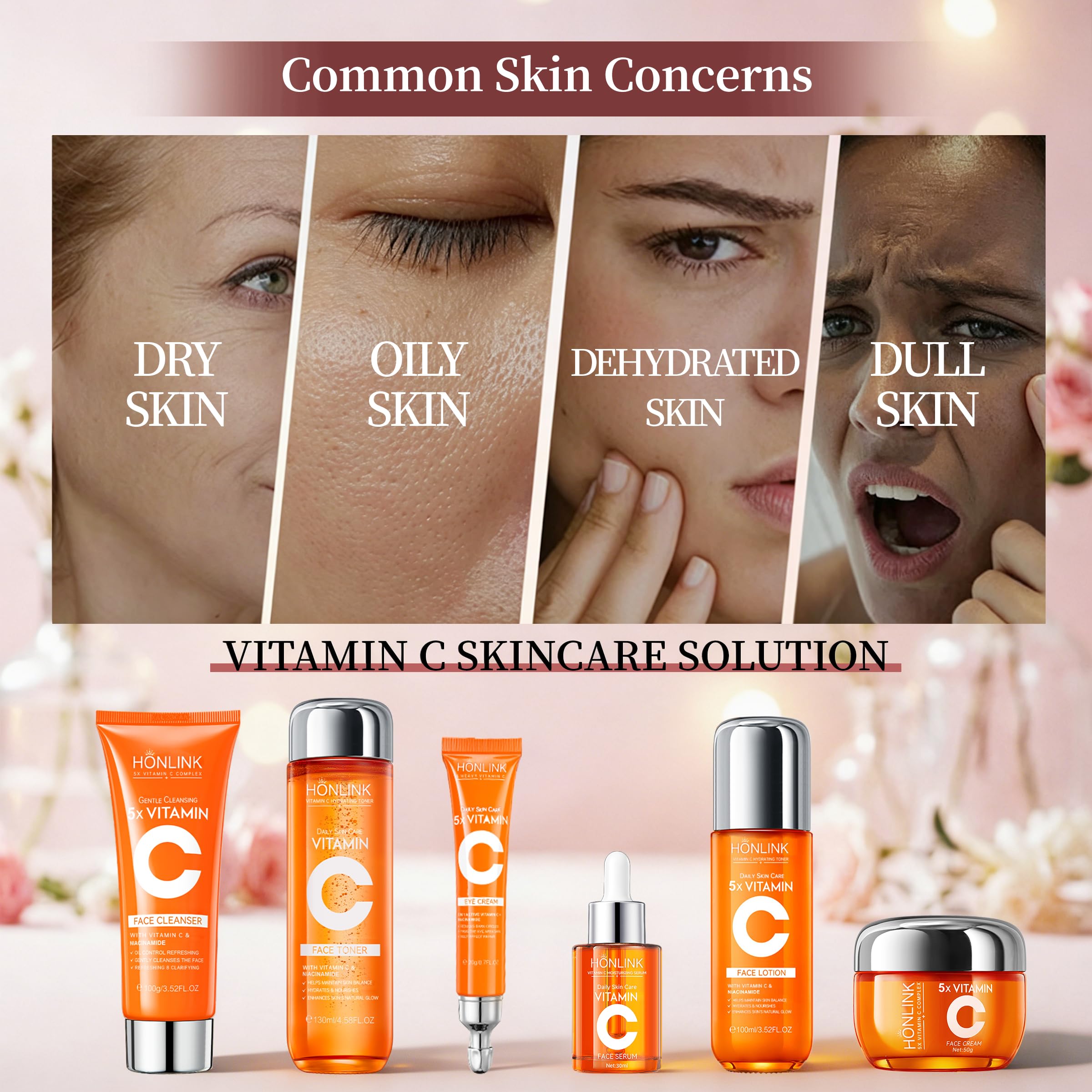 UZTUZT Vitamin C and Niacinamide 6-piece skincare gift set with skincare products displayed in elegant containers.