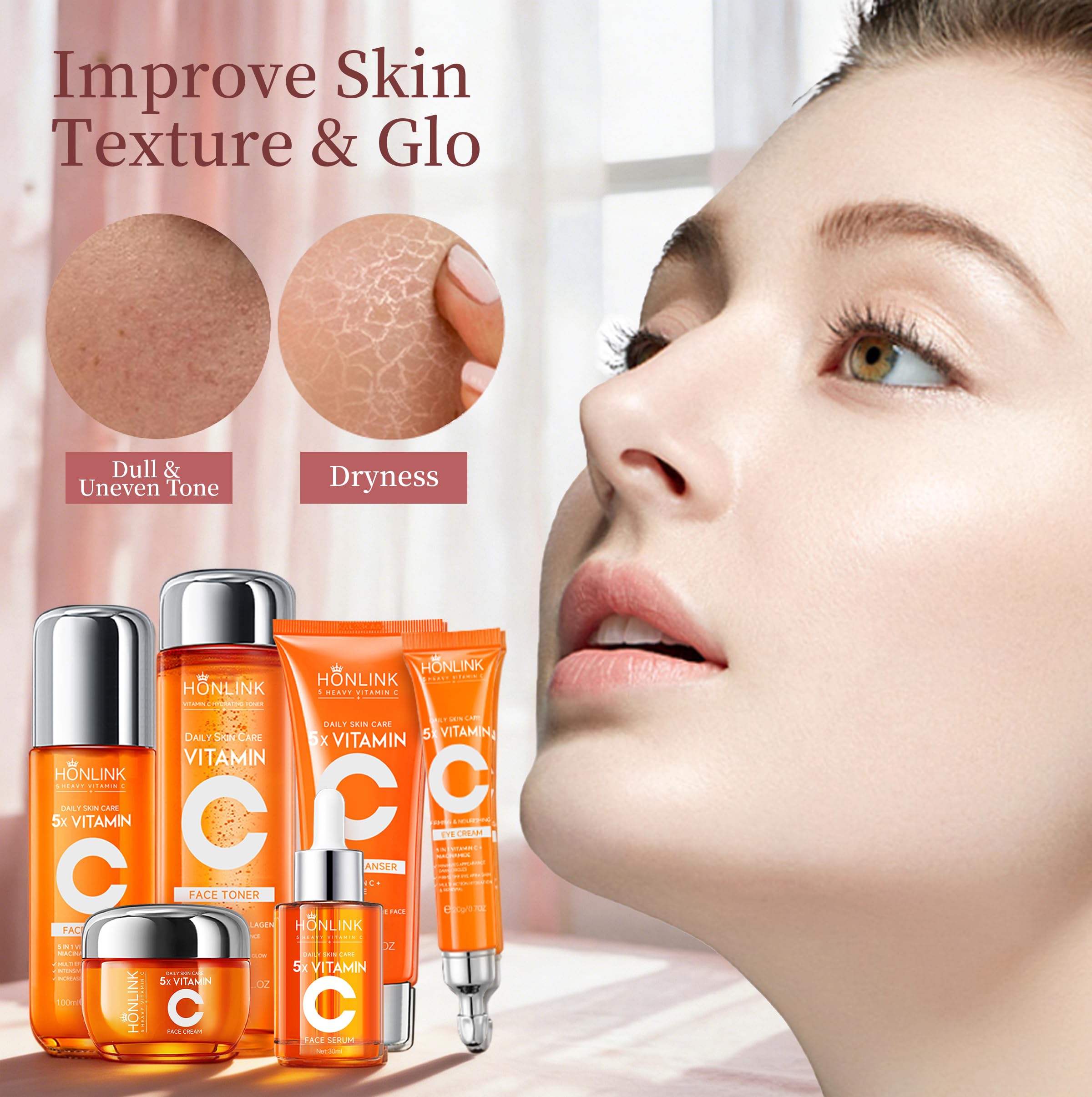 UZTUZT Vitamin C and Niacinamide 6-piece skincare gift set with serums and creams for brightening and skin hydration.