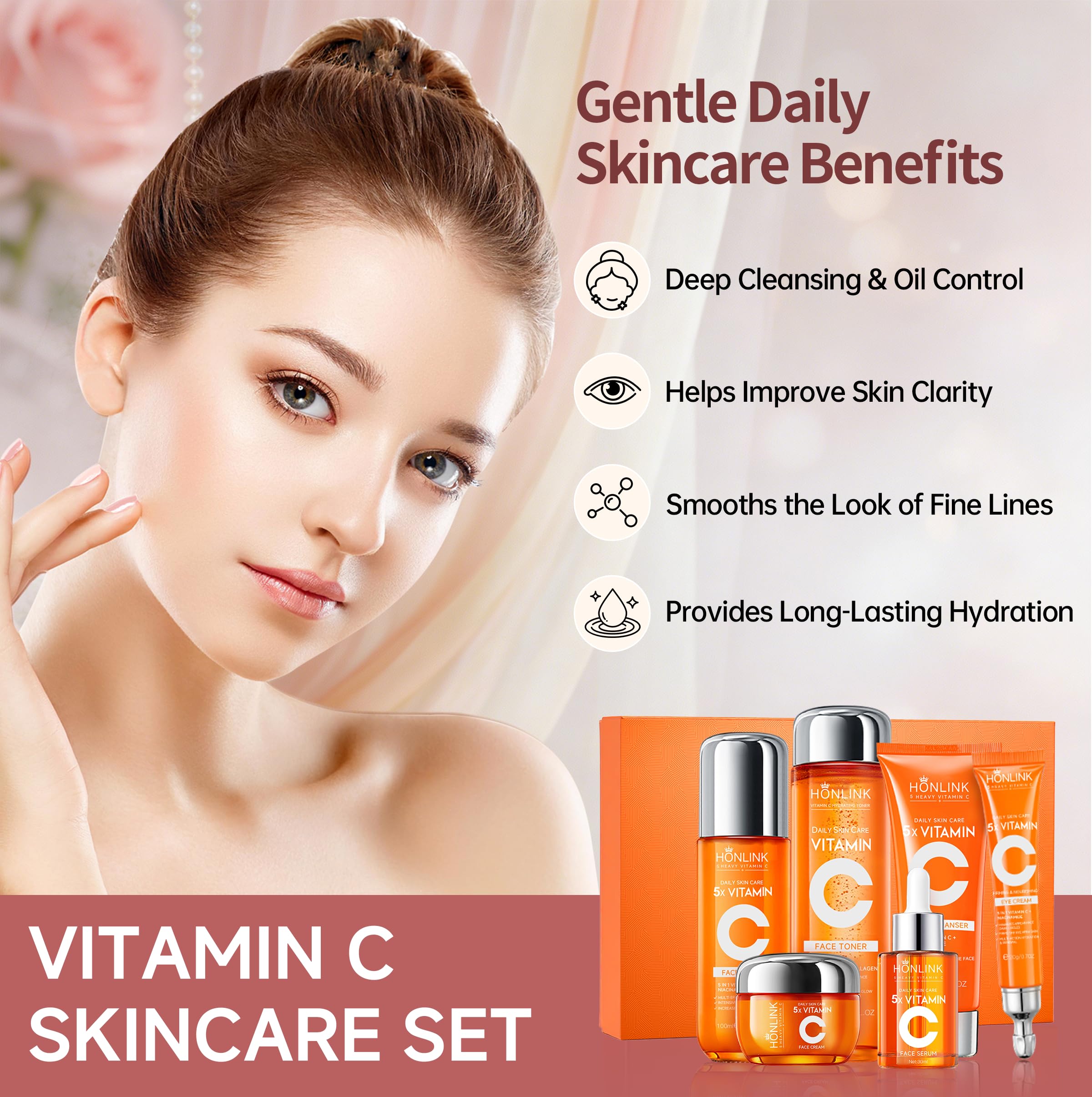 UZTUZT Vitamin C and Niacinamide skincare gift set with six products, featuring brightening and nourishing skincare agents.