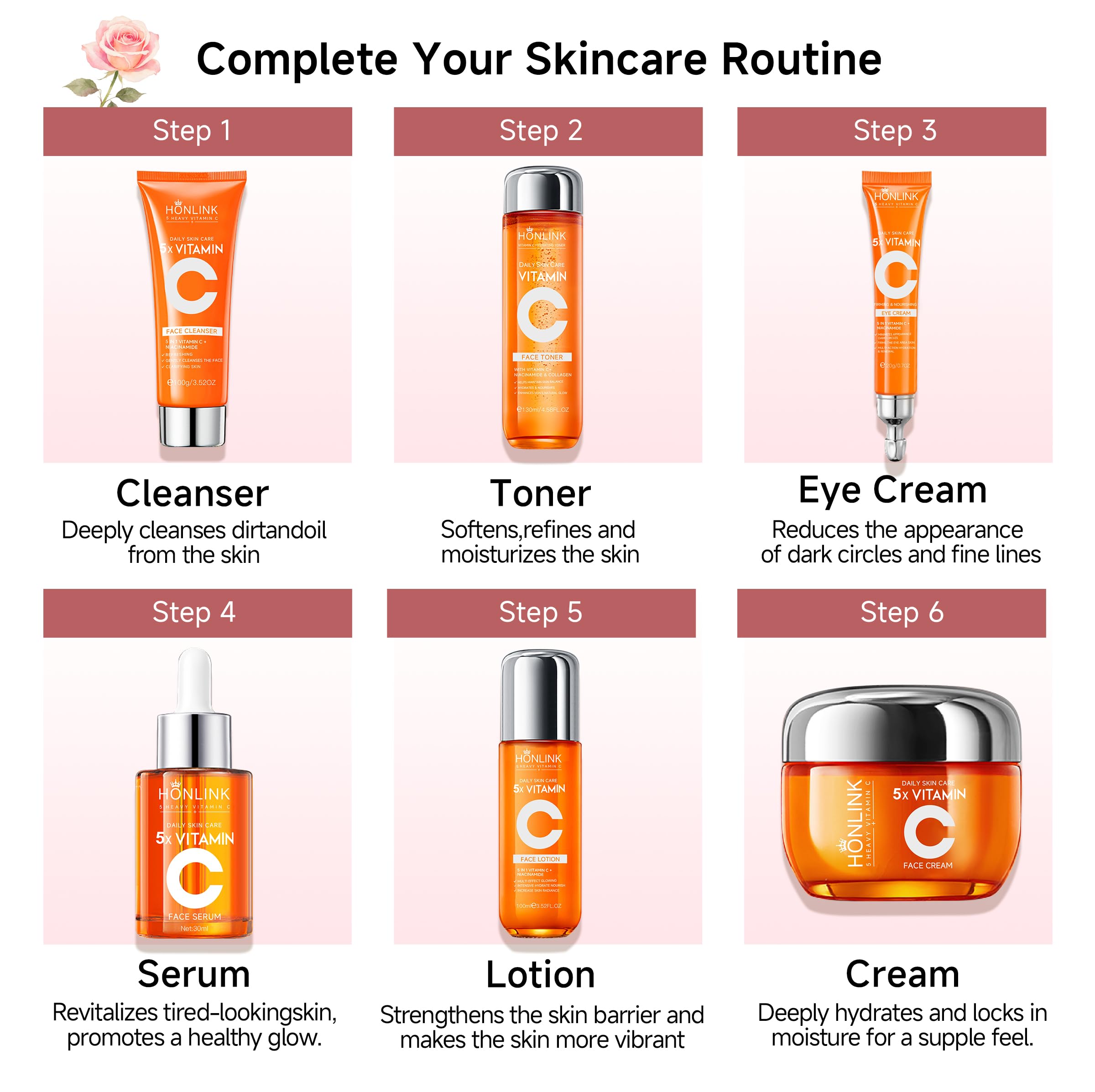 UZTUZT Vitamin C and Niacinamide 6-piece skincare set with various bottles and jars for brightening and skin nourishment.