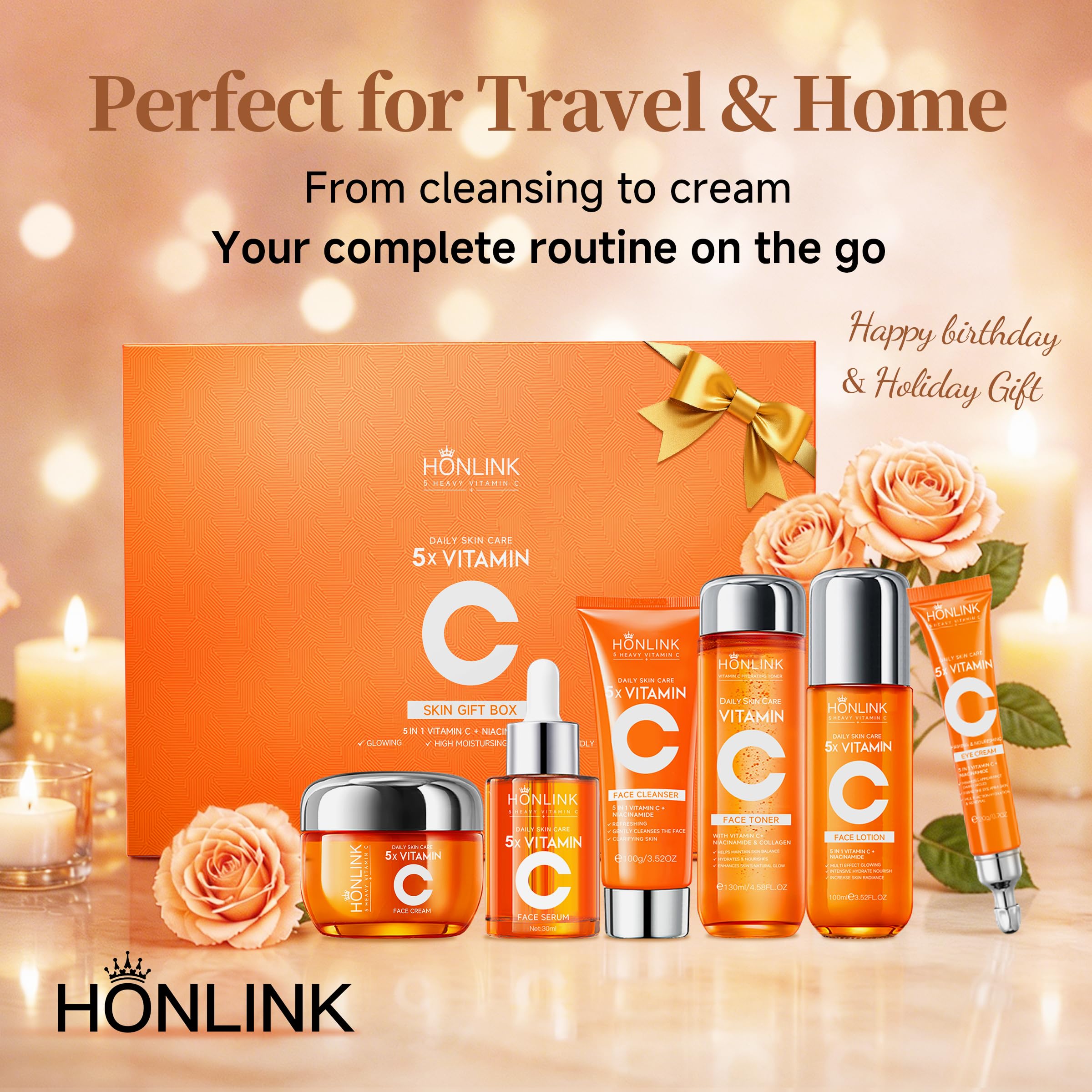 UZTUZT Vitamin C and Niacinamide skincare gift set with six product bottles arranged in a display, showcasing a bright, clean design.