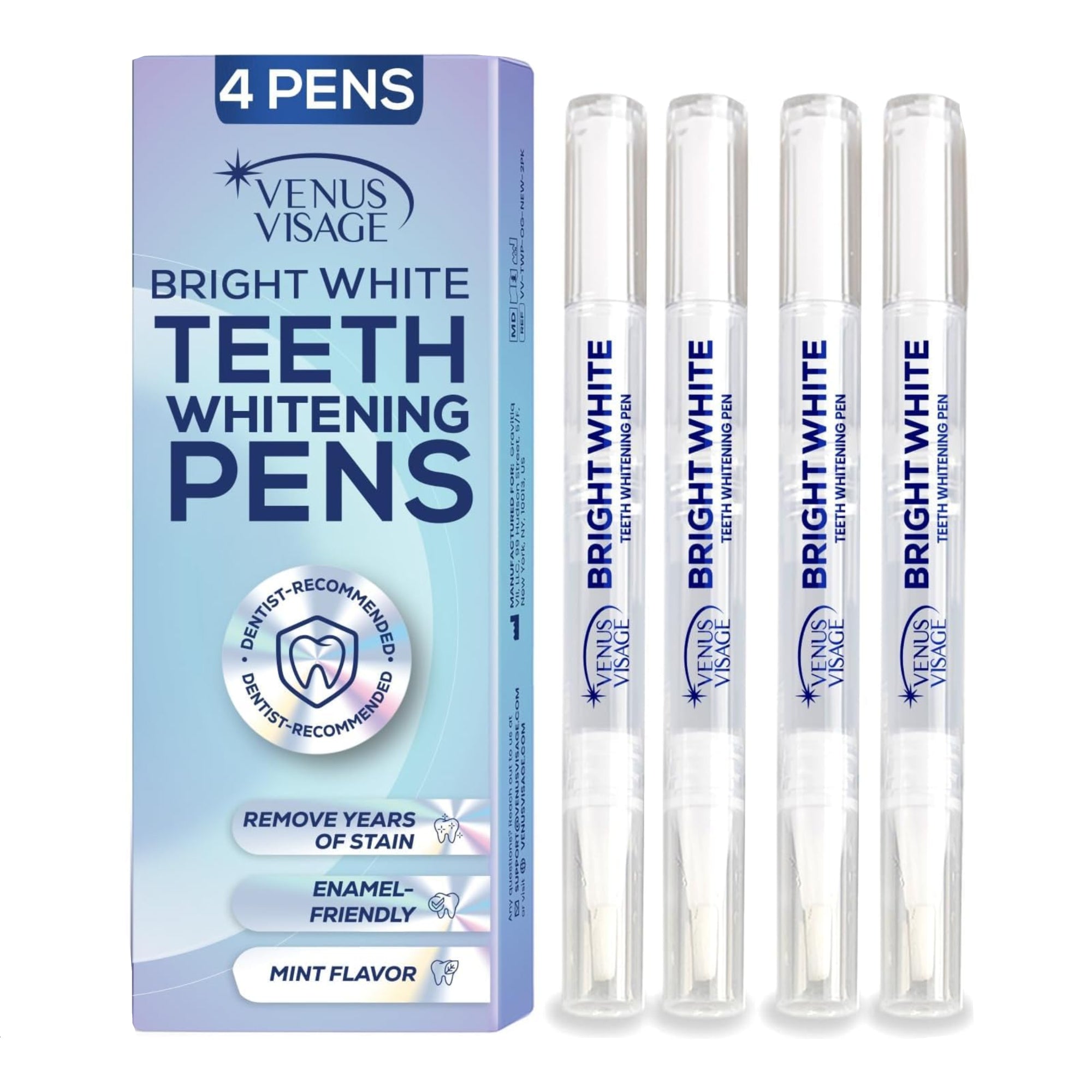 Venus Visage teeth whitening pen pack of 4 with 30+ uses, showing the white pen applicators for at-home teeth whitening.