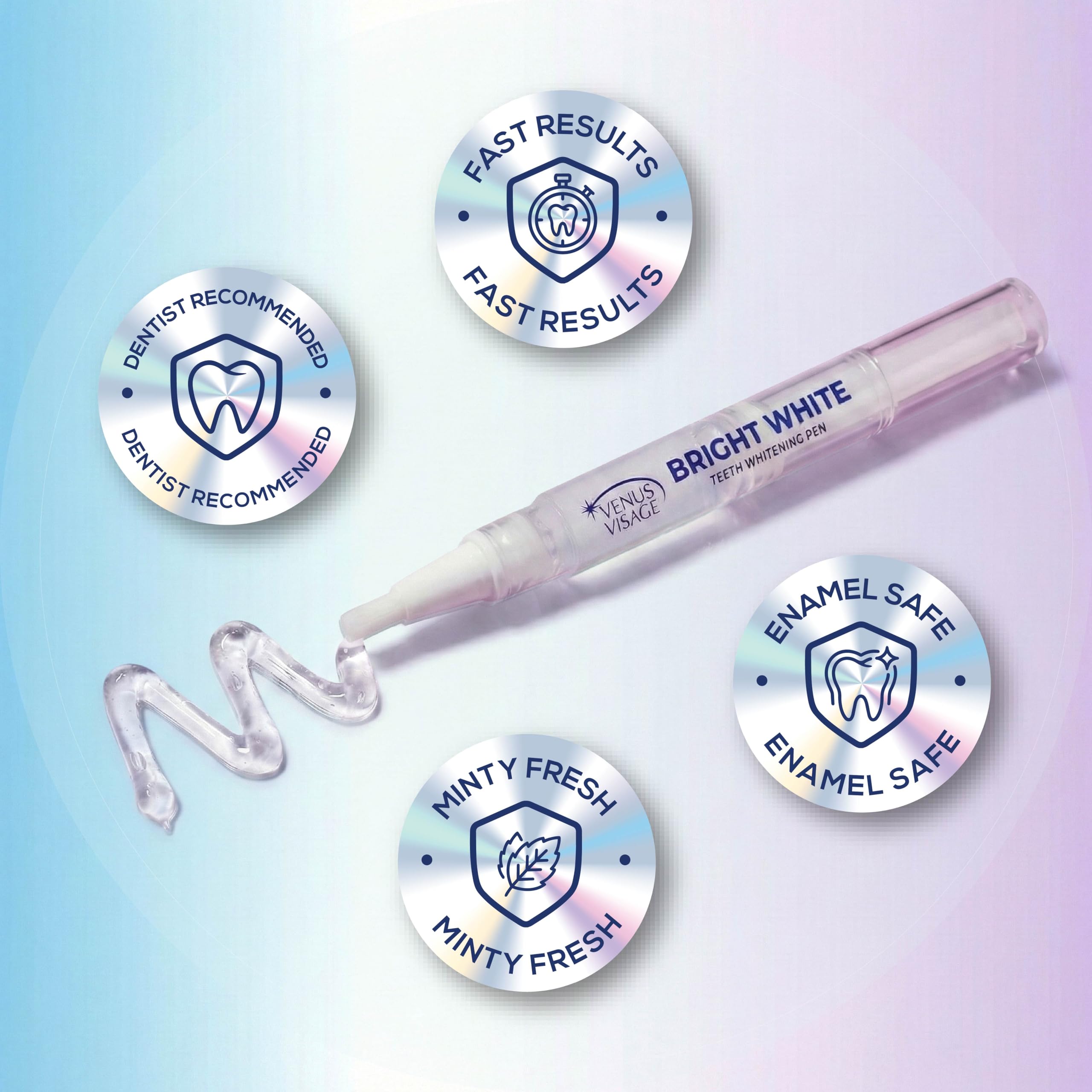 Venus Visage teeth whitening pen pack of 4, each pen for over 30 uses, featuring a sleek white design and applicator tip.