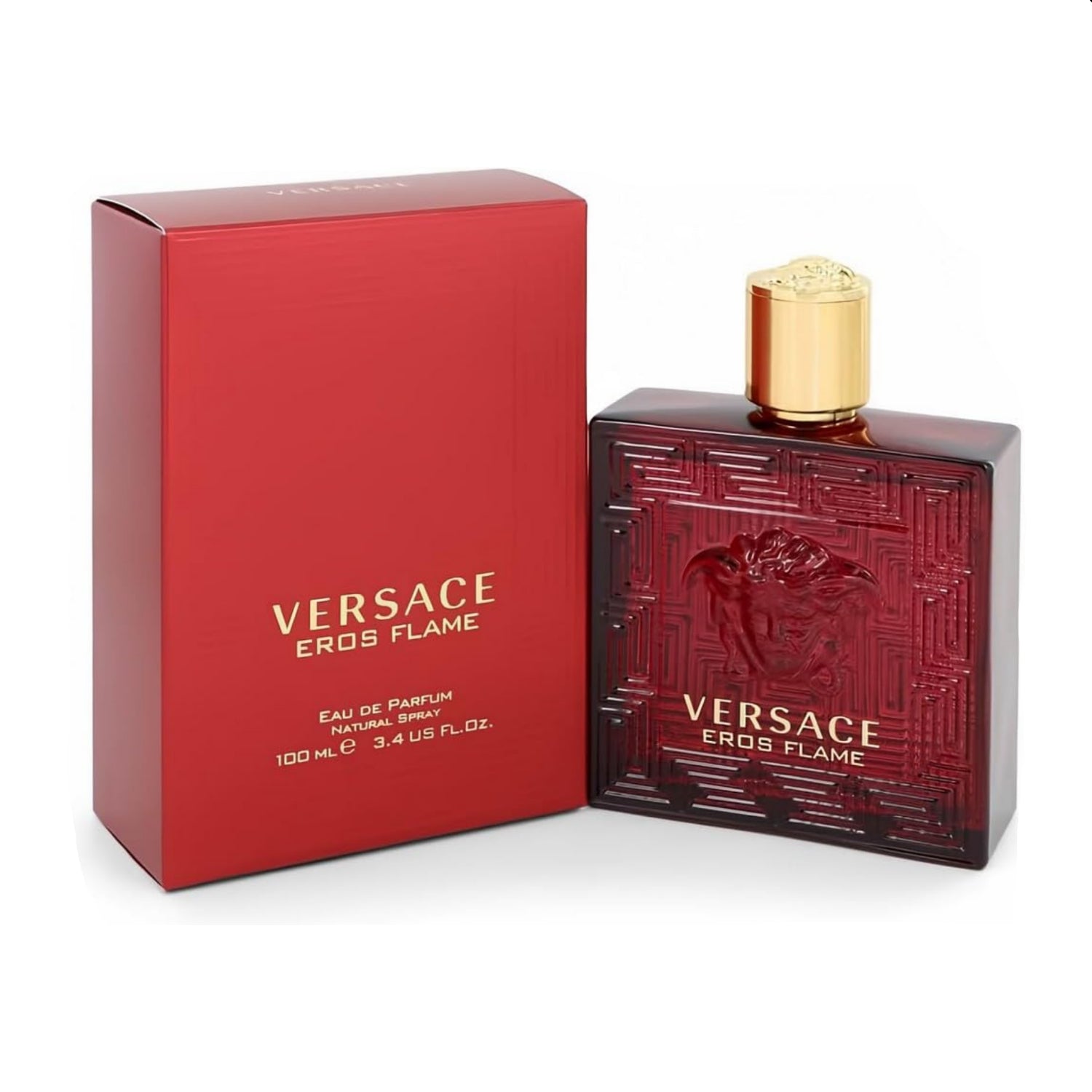 Versace Eros Flame Eau de Parfum for Men, 3.4 oz bottle, featuring the iconic Versace branding and a sleek fragrance design.