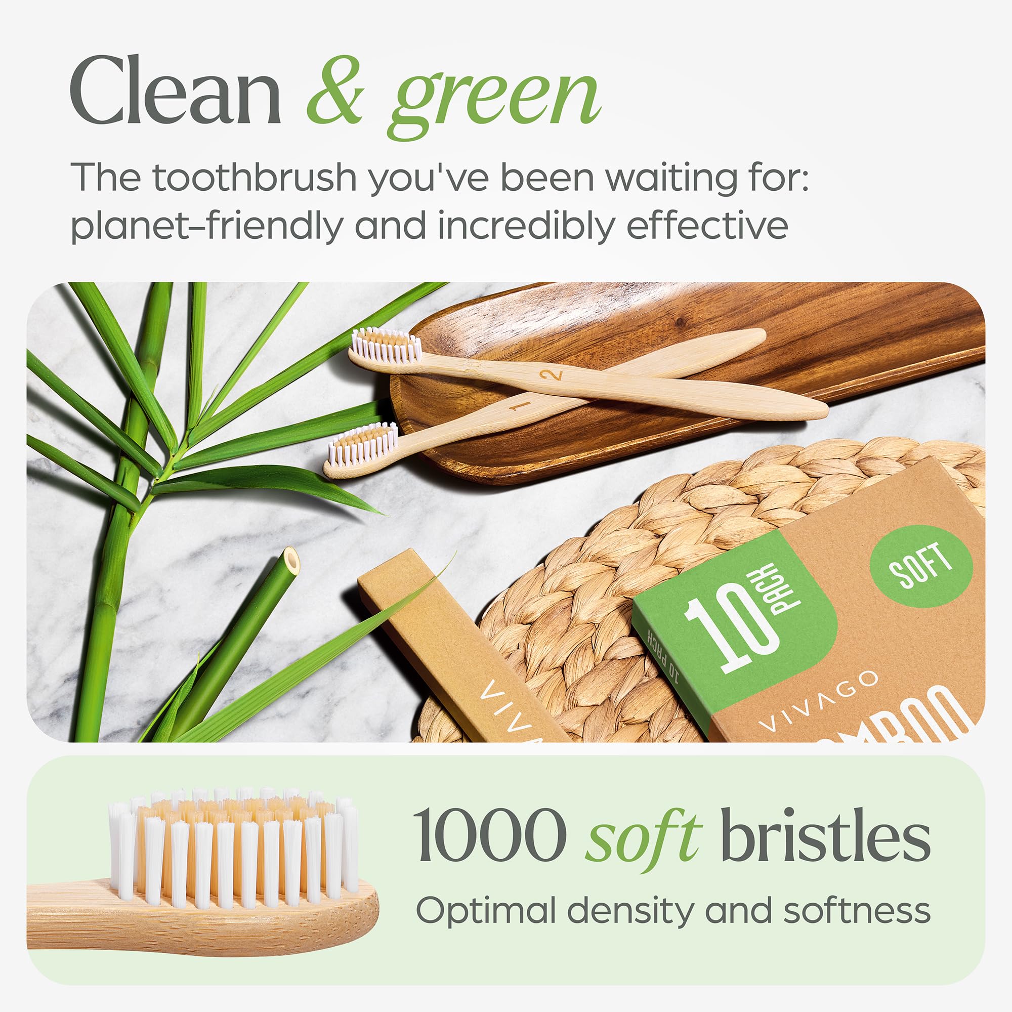 VIVAGO bamboo toothbrushes 10-pack, BPA-free eco-friendly toothbrushes with soft bristles for gentle cleaning.