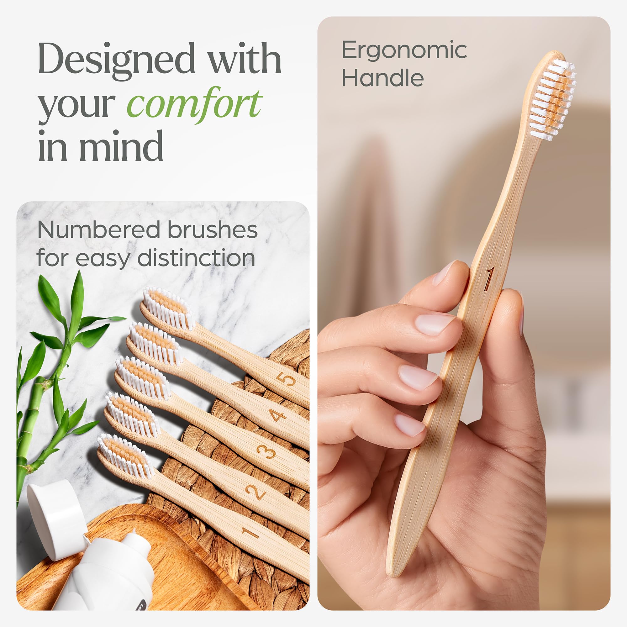 VIVAGO bamboo toothbrushes 10-pack, BPA free, eco-friendly natural wood handle and soft bristles, suitable for everyday oral hygiene.