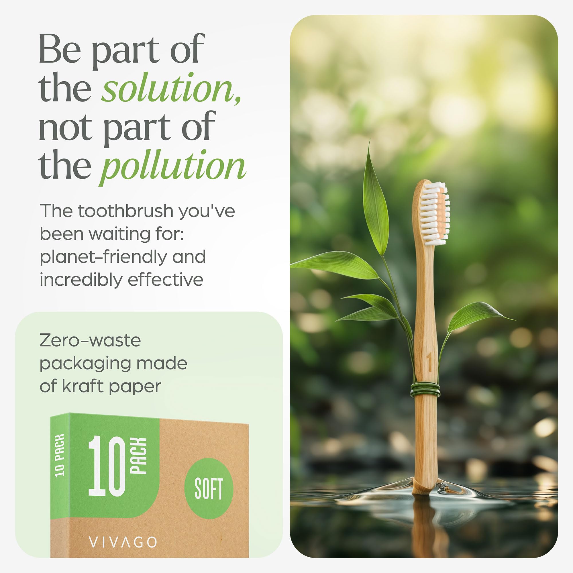 VIVAGO bamboo toothbrushes 10 pack, BPA-free eco-friendly toothbrushes with natural bamboo handles and soft bristle heads.