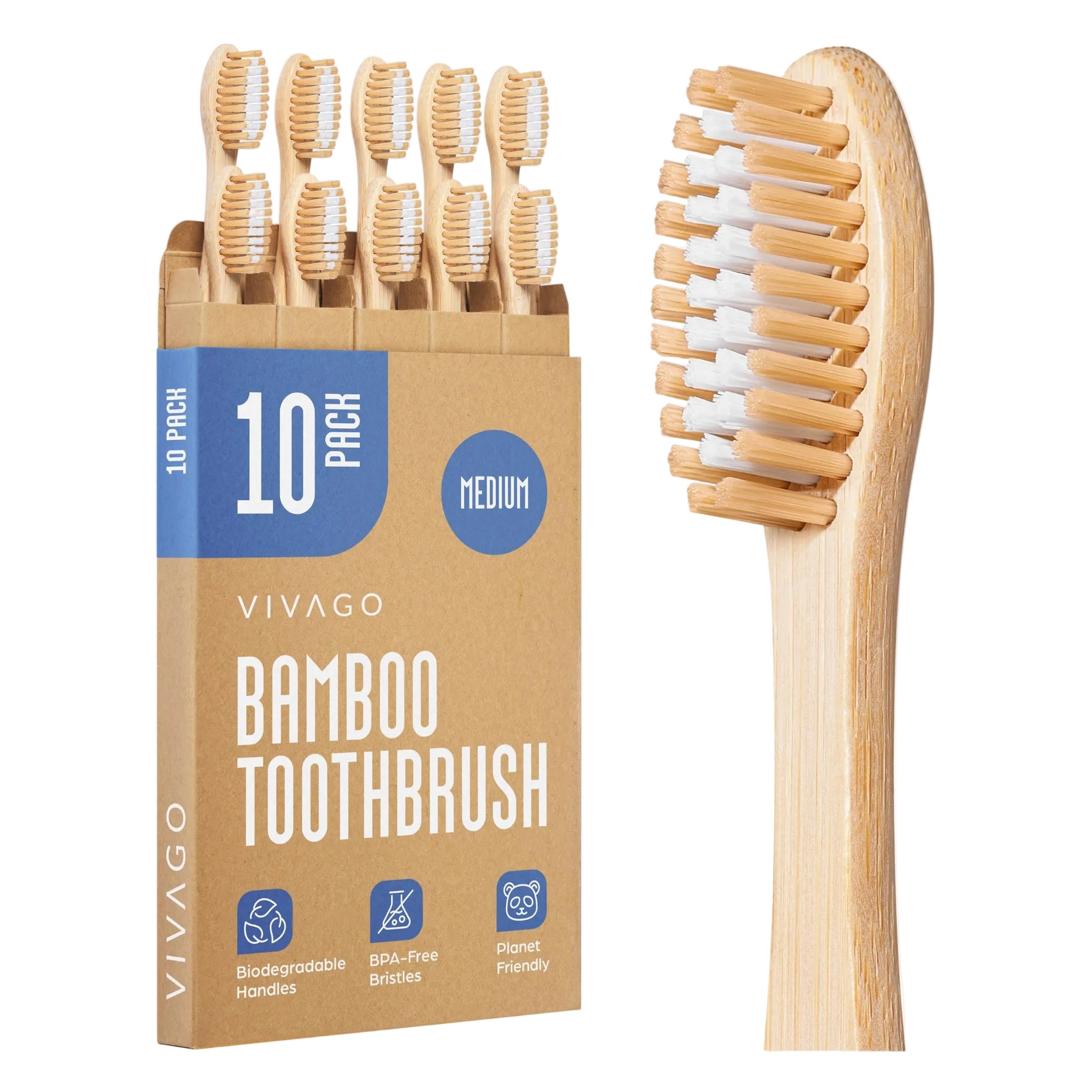 VIVAGO bamboo toothbrushes 10-pack with BPA-free medium bristles, eco-friendly and natural handle design.