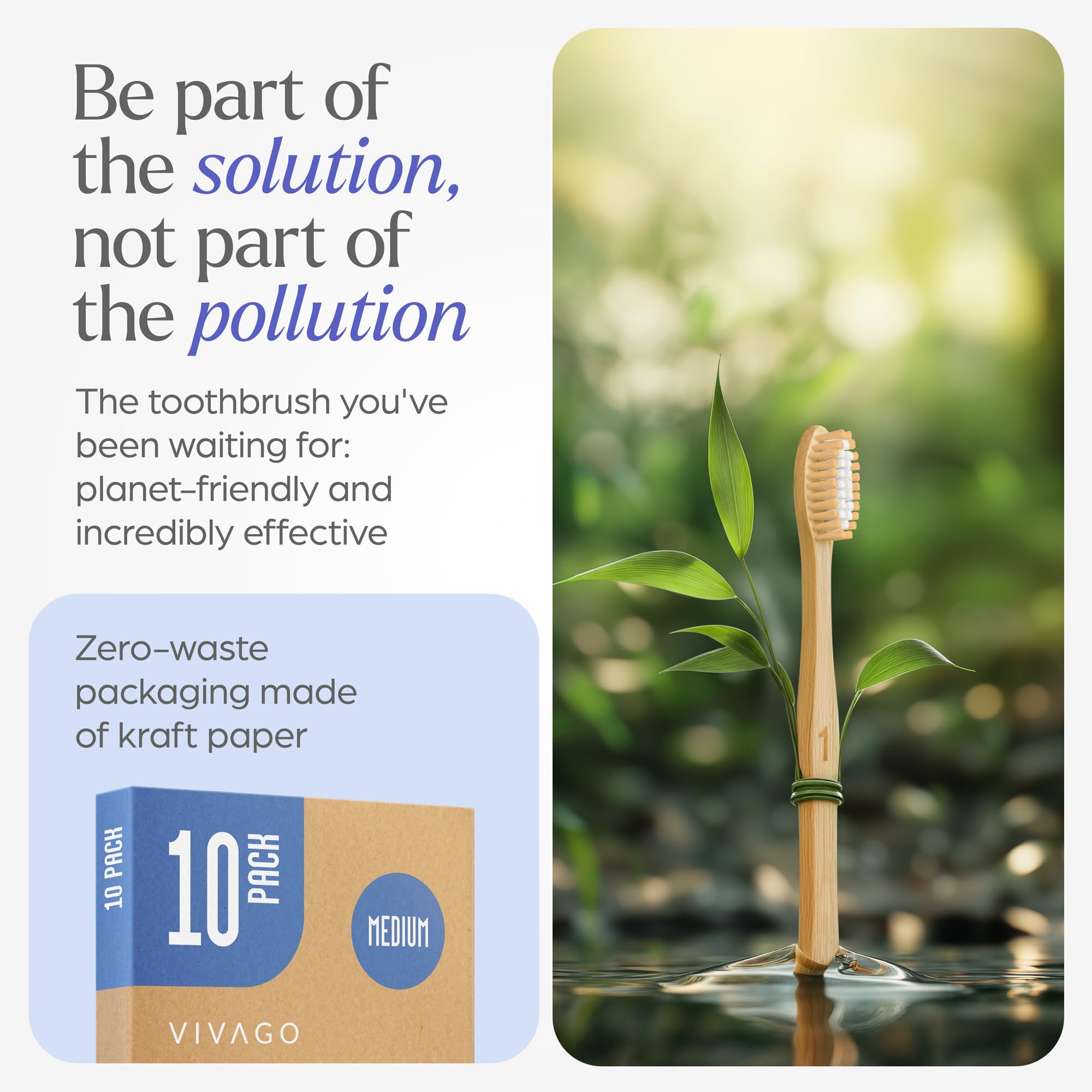 VIVAGO bamboo toothbrushes 10-pack with BPA-free medium bristles, eco-friendly handle, natural bamboo design for sustainable oral care.