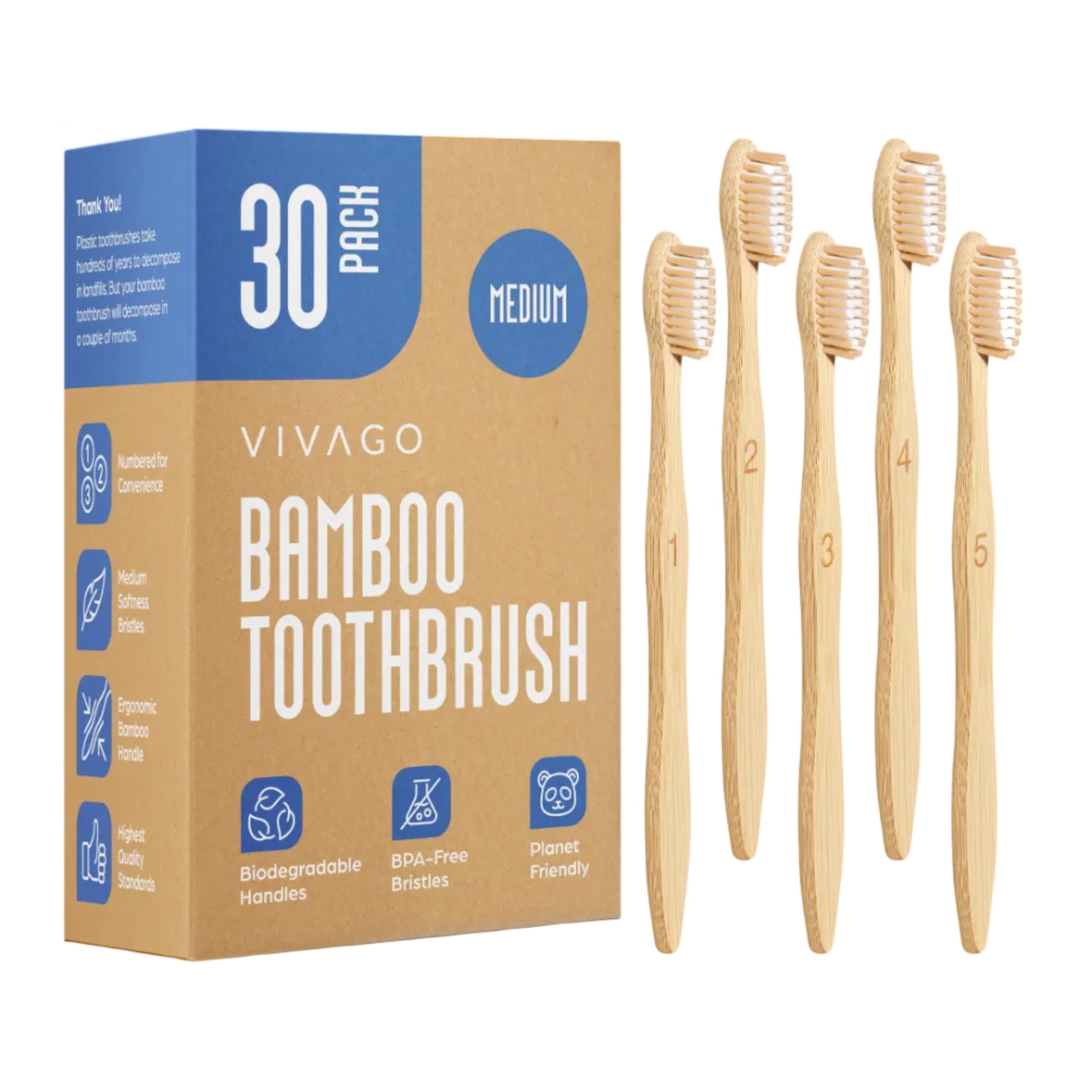 VIVAGO Bamboo Toothbrushes 30-pack with medium bristles, eco-friendly toothbrushes made from bamboo and soft bristle tips.