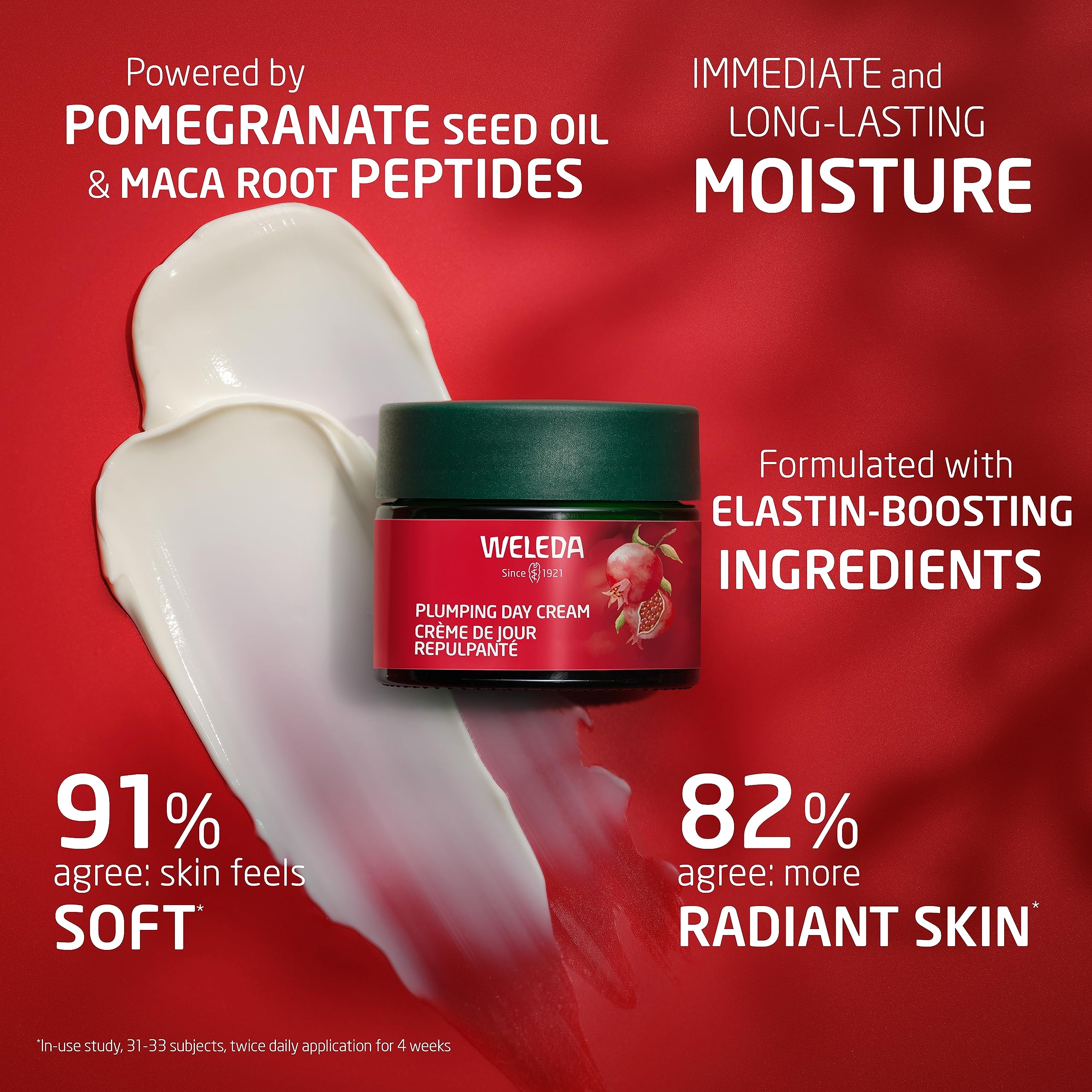 Weleda Plumping Day Cream with pomegranate and maca root, a nourishing skin moisturizer for a radiant complexion.
