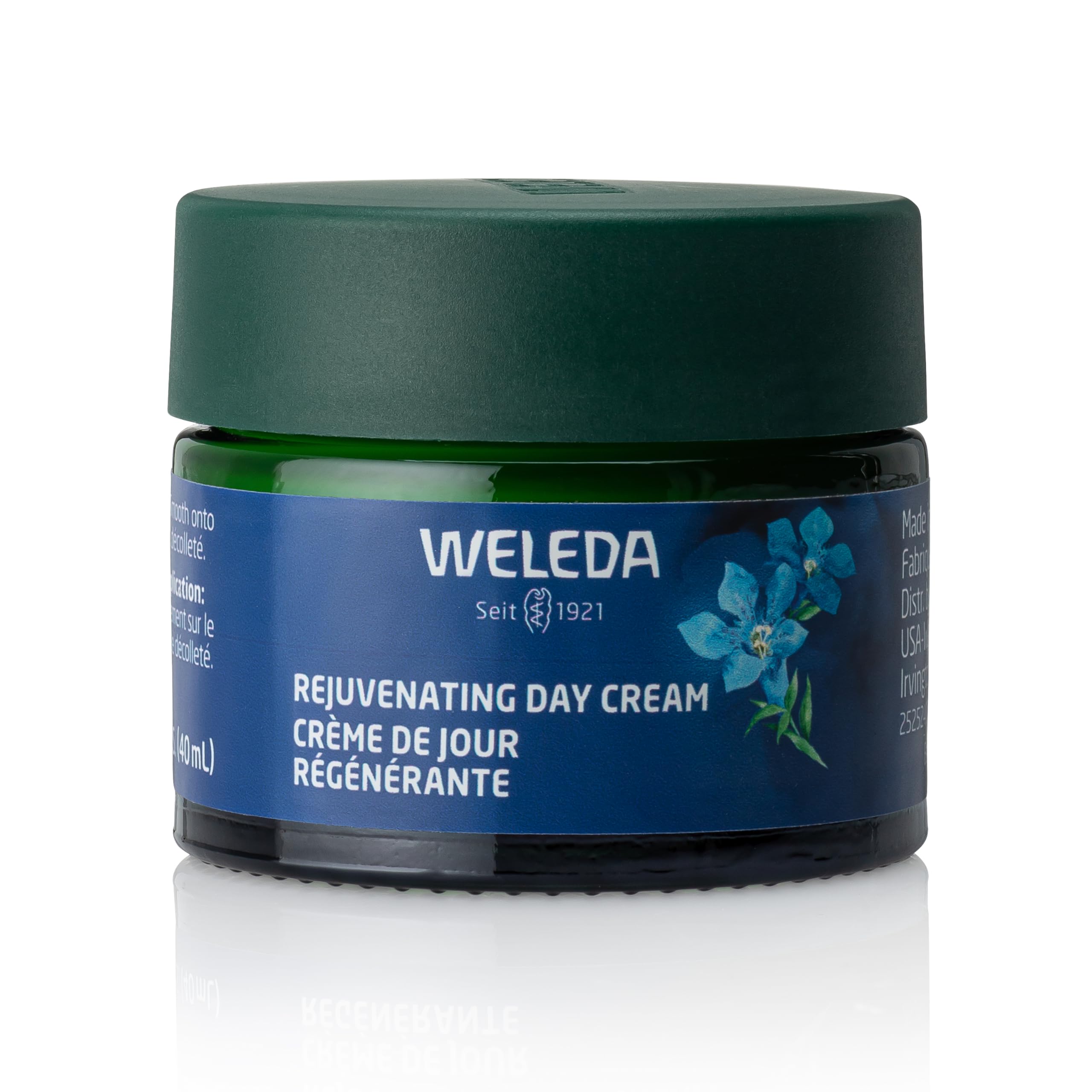 Weleda Rejuvenating Day Cream with blue gentian and edelweiss, a nourishing skin moisturizer in a creamy jar.