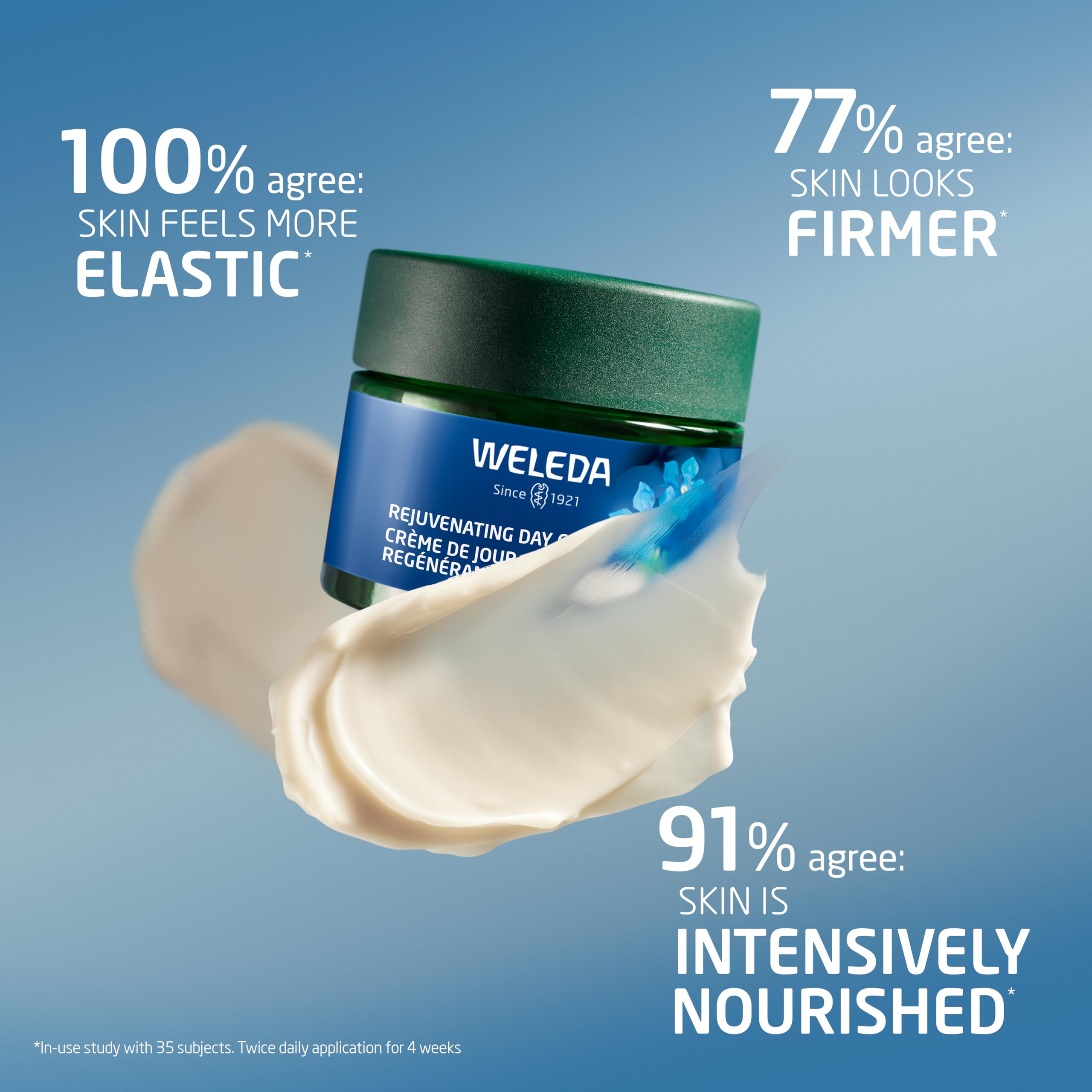 Weleda Rejuvenating Day Cream with Blue Gentian and Edelweiss, a nourishing skin moisturizer in a sleek jar.