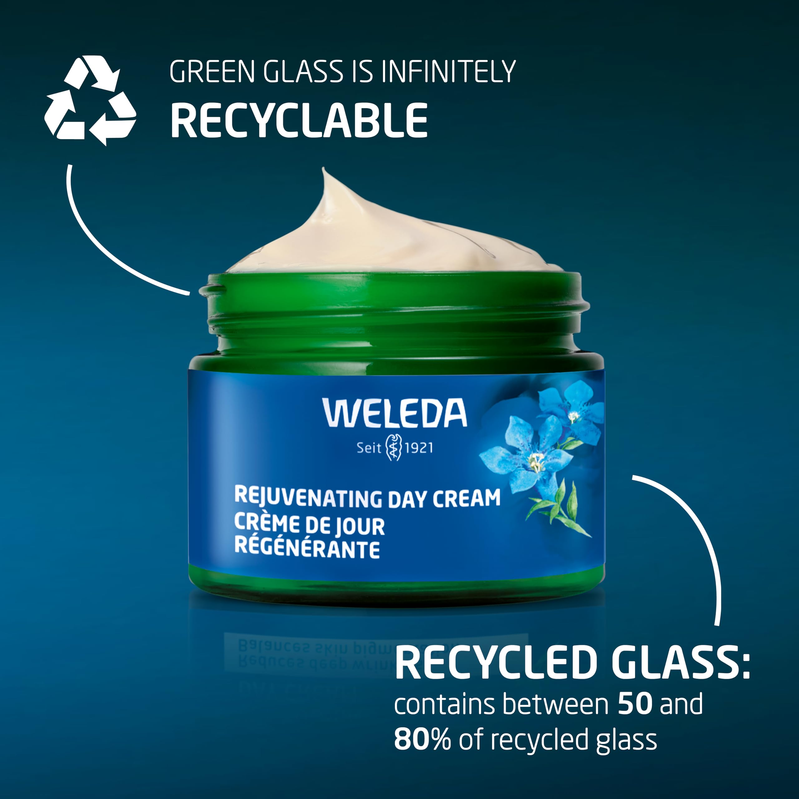 Weleda Rejuvenating Day Cream with blue gentian and edelweiss, a nourishing skin moisturizer in a jar.